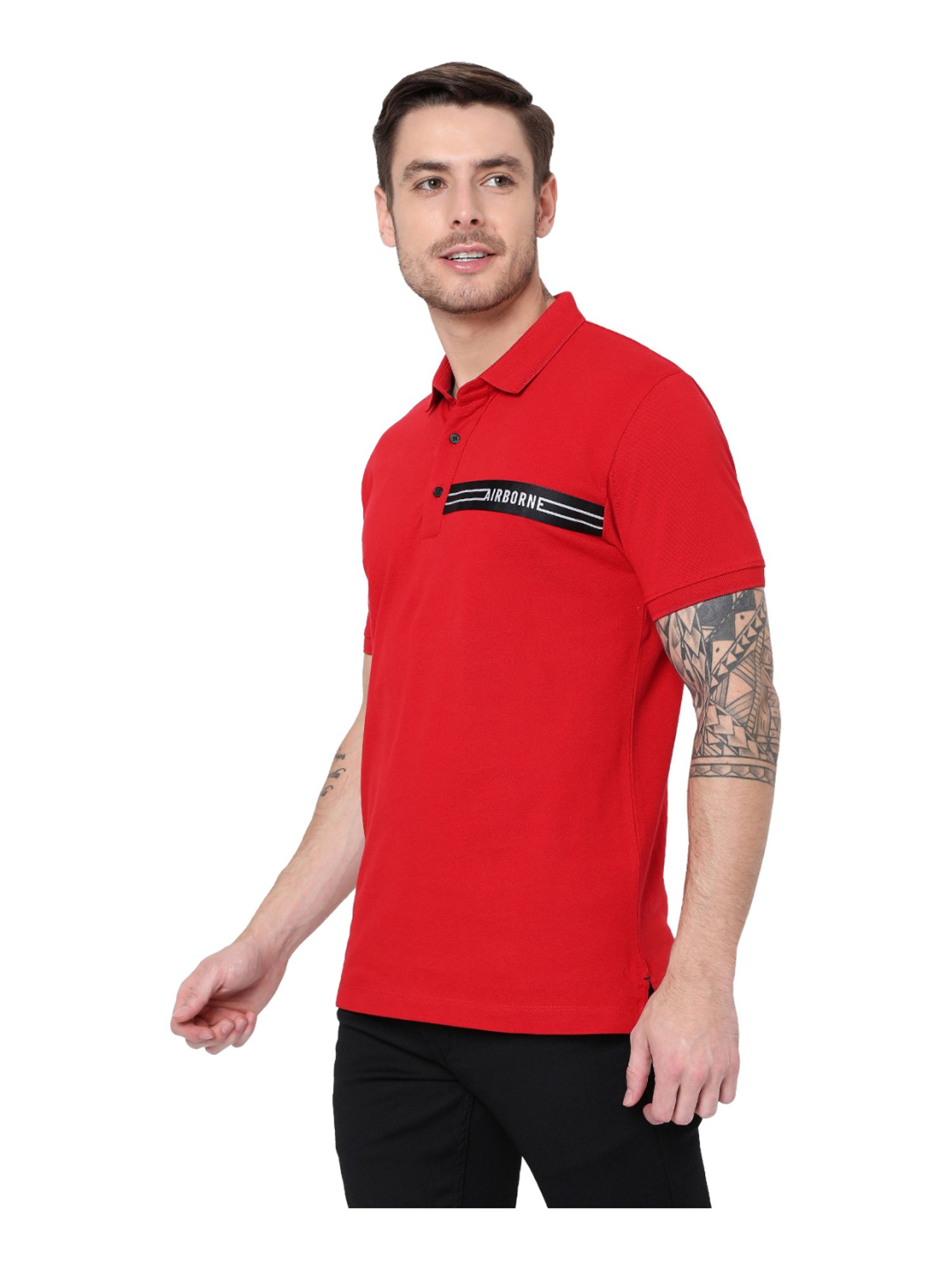 Mufti Red Cotton Slim Fit Self Pattern Polo T-Shirt