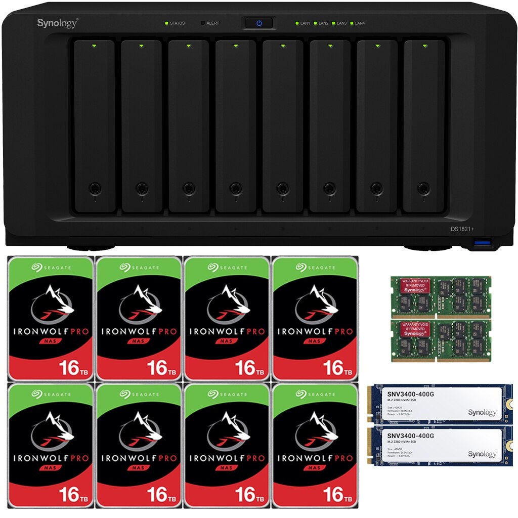 Synology DS1821+ DiskStation with 32GB RAM and 96TB (8 x 12TB) of Seagate Ironwolf PRO NAS Drives and 800GB (2x400GB) NVME Cache Fully Assembled and Tested By CustomTechSales