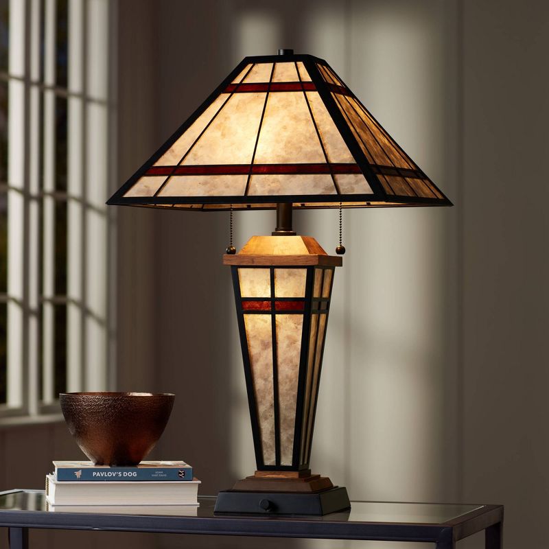 Franklin Iron Works Mission Rustic Table Lamp with Nightlight LED Bronze Tiffany Style Light Mica Living Room Bedroom Bedside