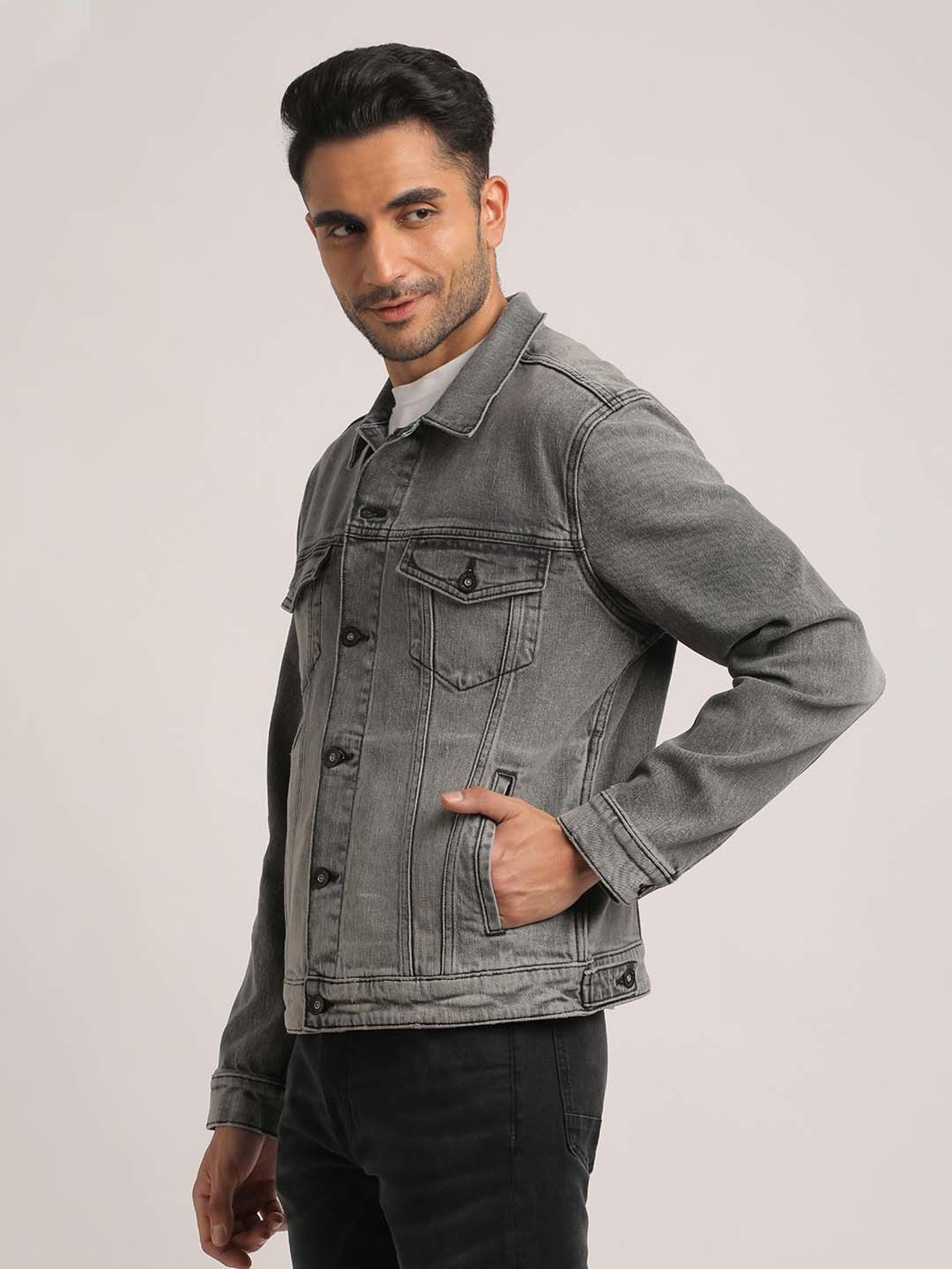 EVERBLUE Grey Regular Fit Denim Jacket