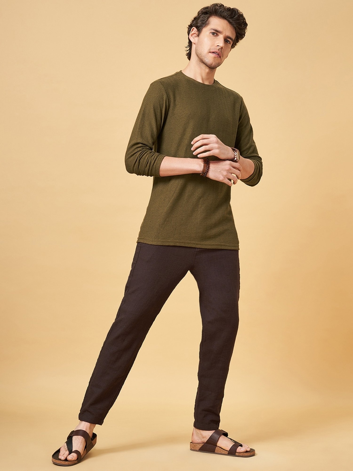 7 Alt by Pantaloons Sage Green Slim Fit T-Shirt