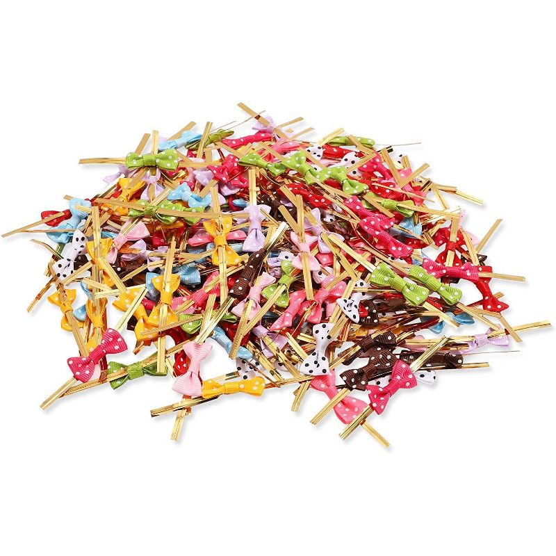 Bright Creations 200-Pack 1.2" Colorful Mini Ribbon Bow Twist Ties for Party Favors, Treat Bags & Gift Bags