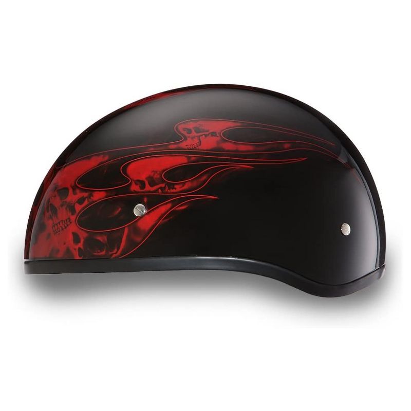 Daytona D6-SFR-XL Helmets Secure Slim Protective Motorcycle Half Helmet Skull Cap with Adjustable Chin Strap, Head Wrap, & Drawstring Bag, Red Flames