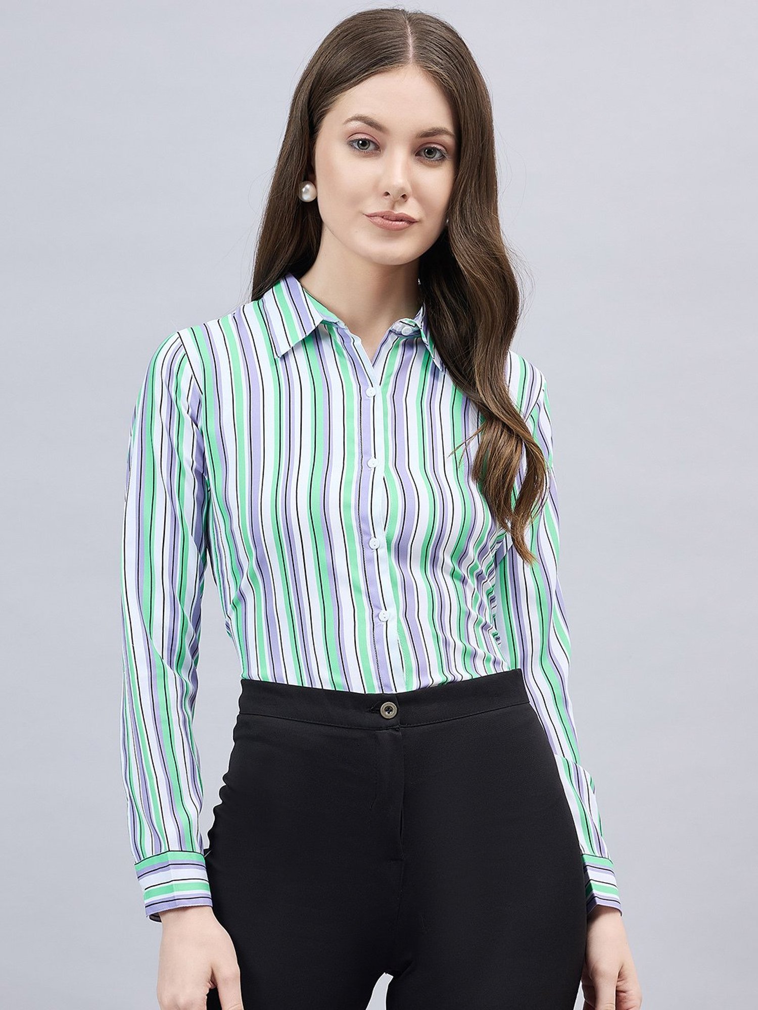 Style Quotient Purple & Green Striped Formal Shirt