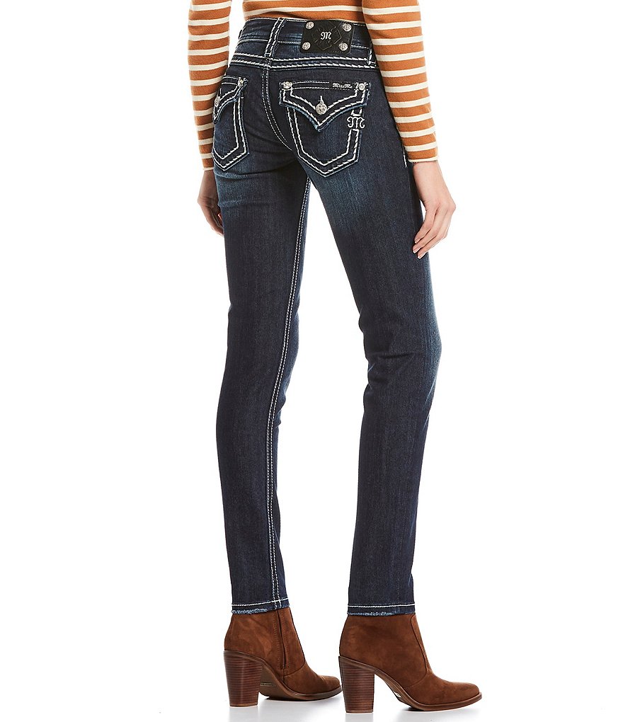Miss Me Loose Saddle Border Stitch Flap Pocket Mid Rise Skinny Jeans