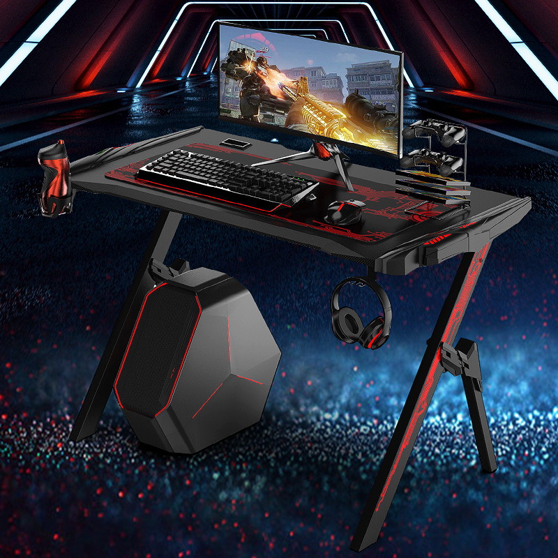 43.3" Metal Gaming Computer Desk RGB LED Lights W/ Cup Holder Headphone Hook Mouse Mat