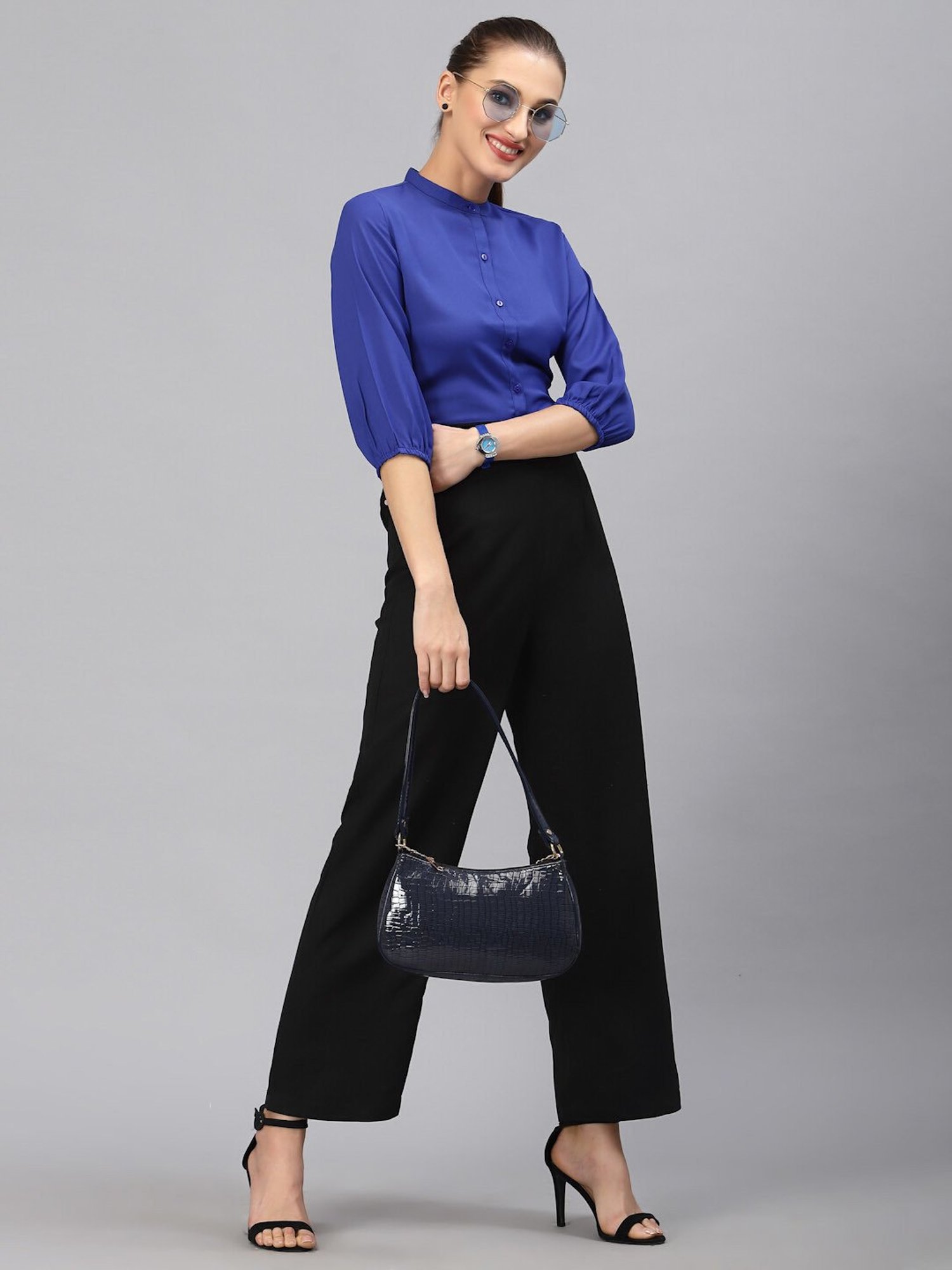 Style Quotient Women Solid Cobalt Blue Polyester Formal Shirt