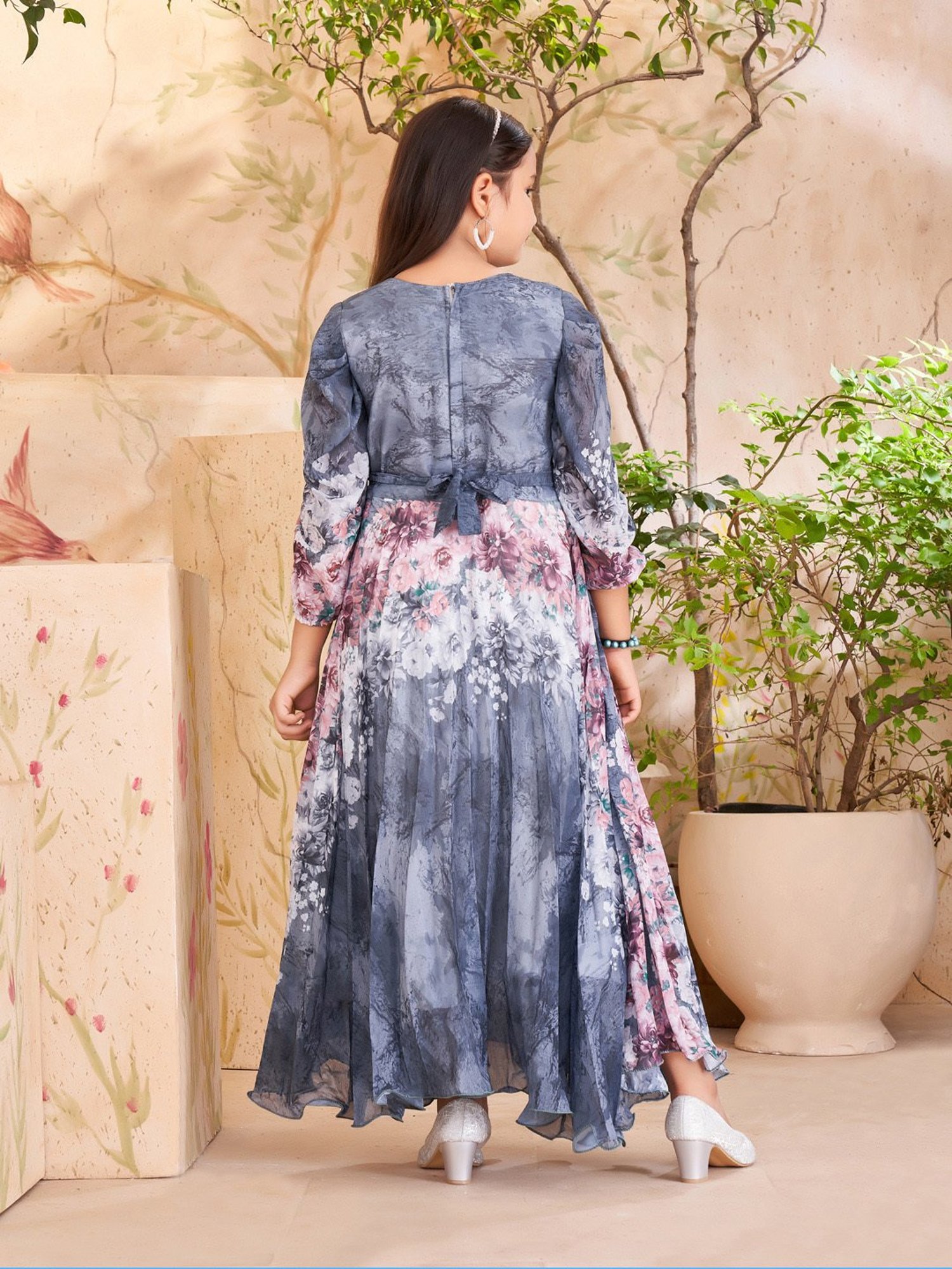 Aarika Girls Grey & Pink Floral Print Gown