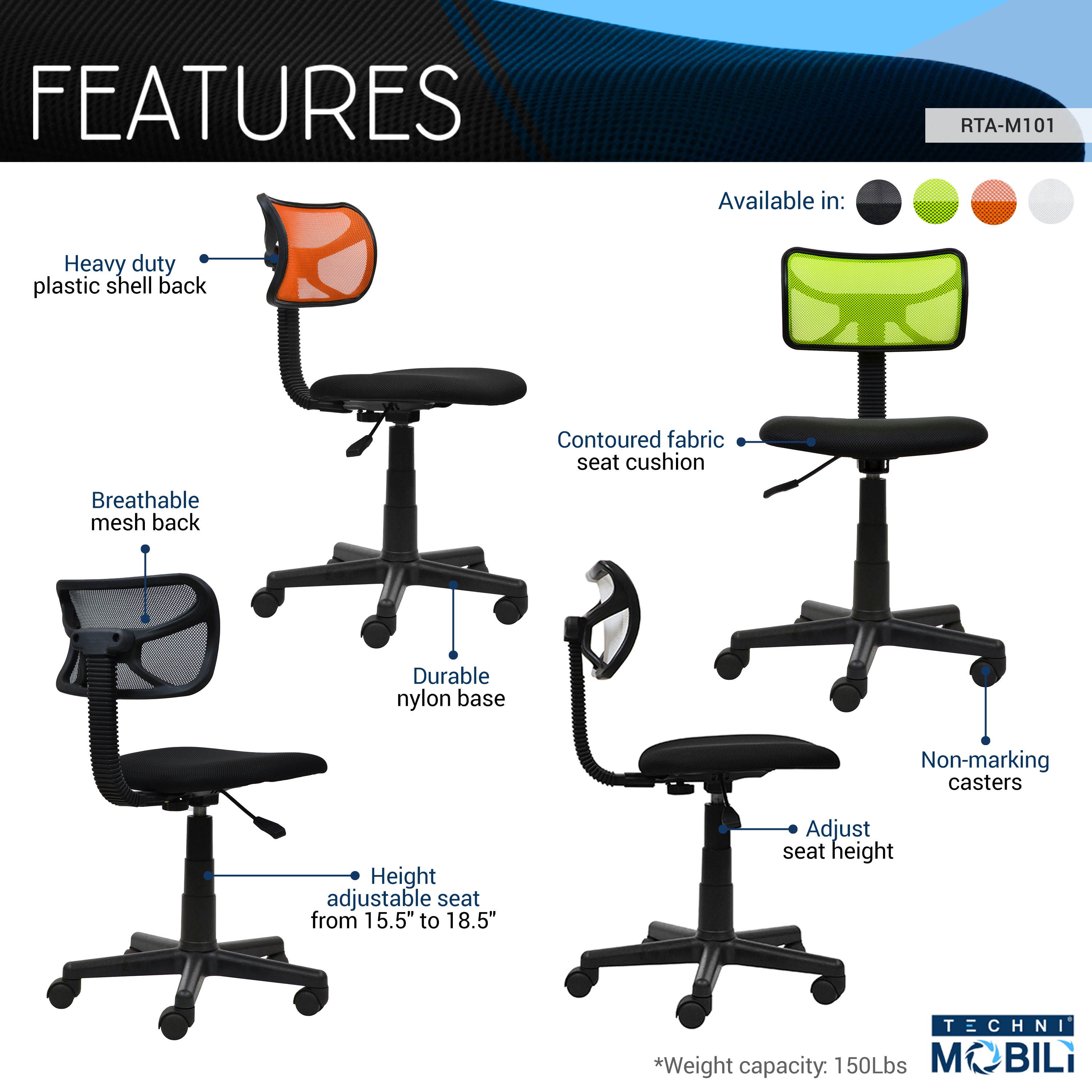 Techni Mobili Student Chair, Mesh Office Task Chair with Hight Adjustment, Technical Executive Task Chair with Non Marking Caster Wheels, Orange