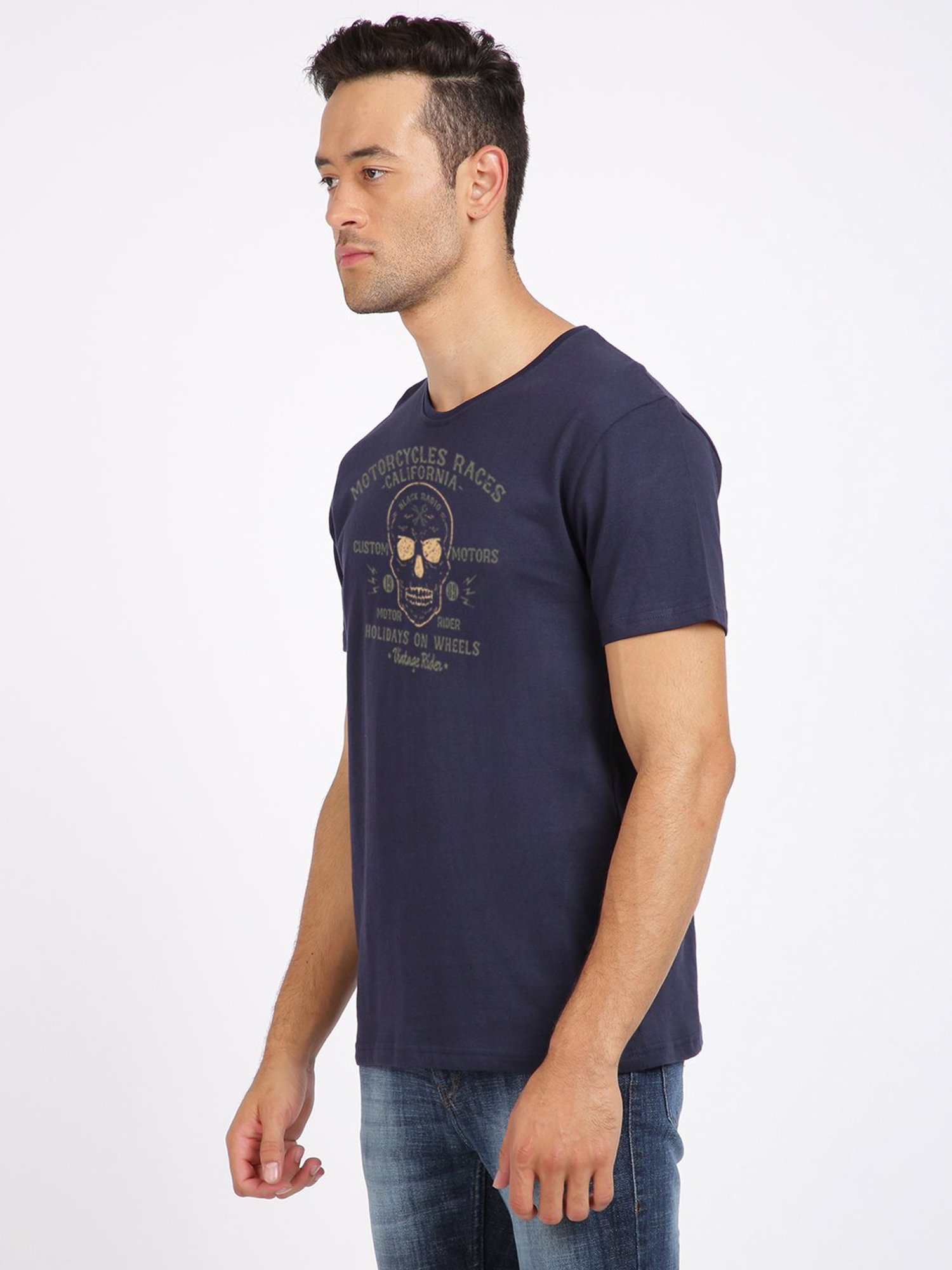 BLACK RADIO Navy Slim Fit Printed Cotton Crew T-Shirt