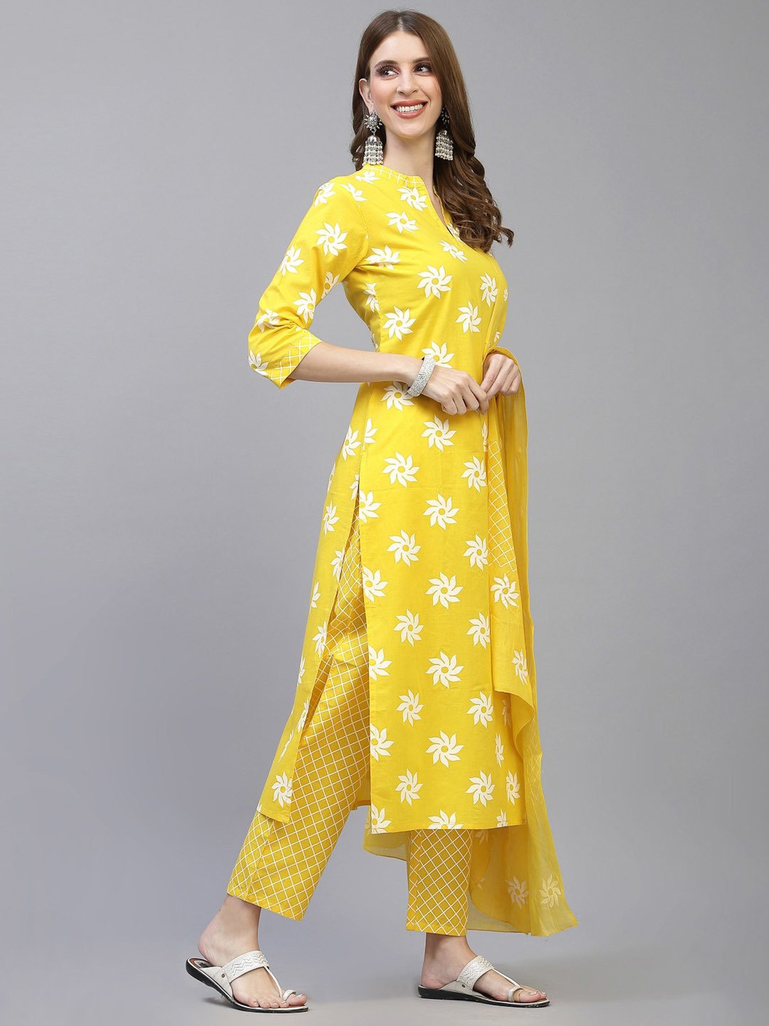 Stylum Mustard Cotton Printed Kurta Pant Set With Dupatta