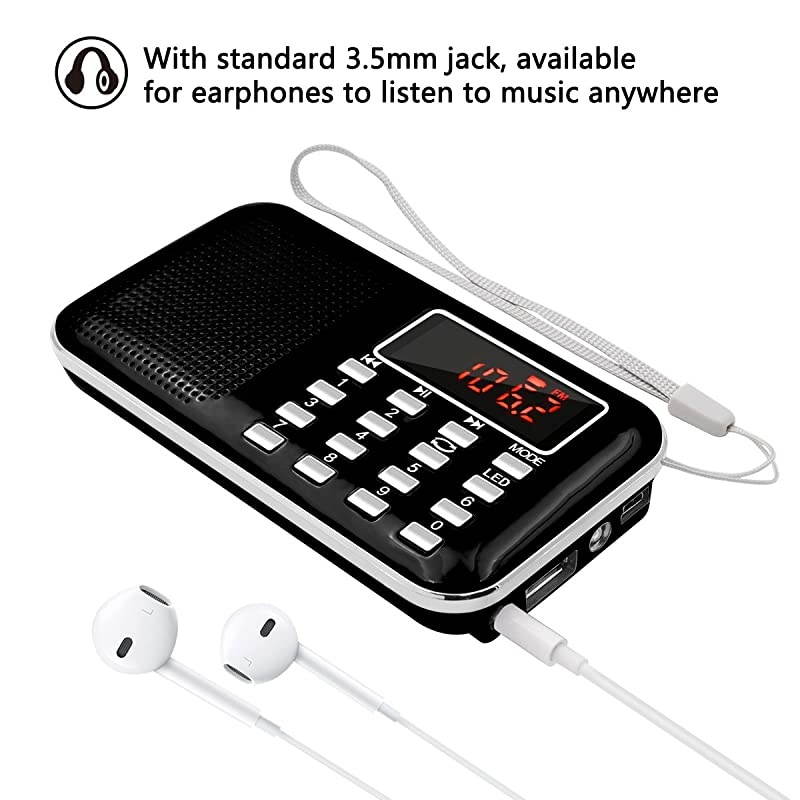 Mini Digital AM FM Radio Media Speaker MP3 Music Player Support TF CardUSB Disk with LED Screen Display and Emergency Flashlight Function BlackUpgraded Version