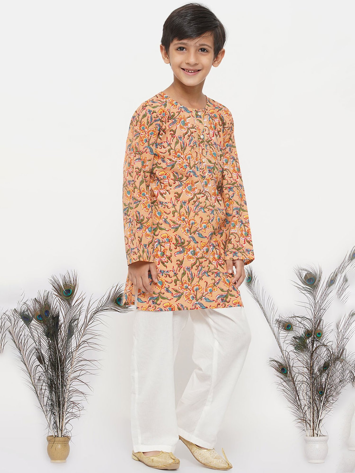 Little Bansi Orange & White Floral 1 Kurta + 1 Pyjamas