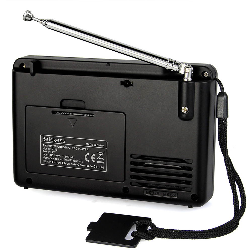 V-115 Portable AM FM Radio with Shortwave Radio MP3 Player Digital Recorder Sensitive Full Band Sleep Timer Support TF Card Sleep Timer and Rechargeable Battery (Black)