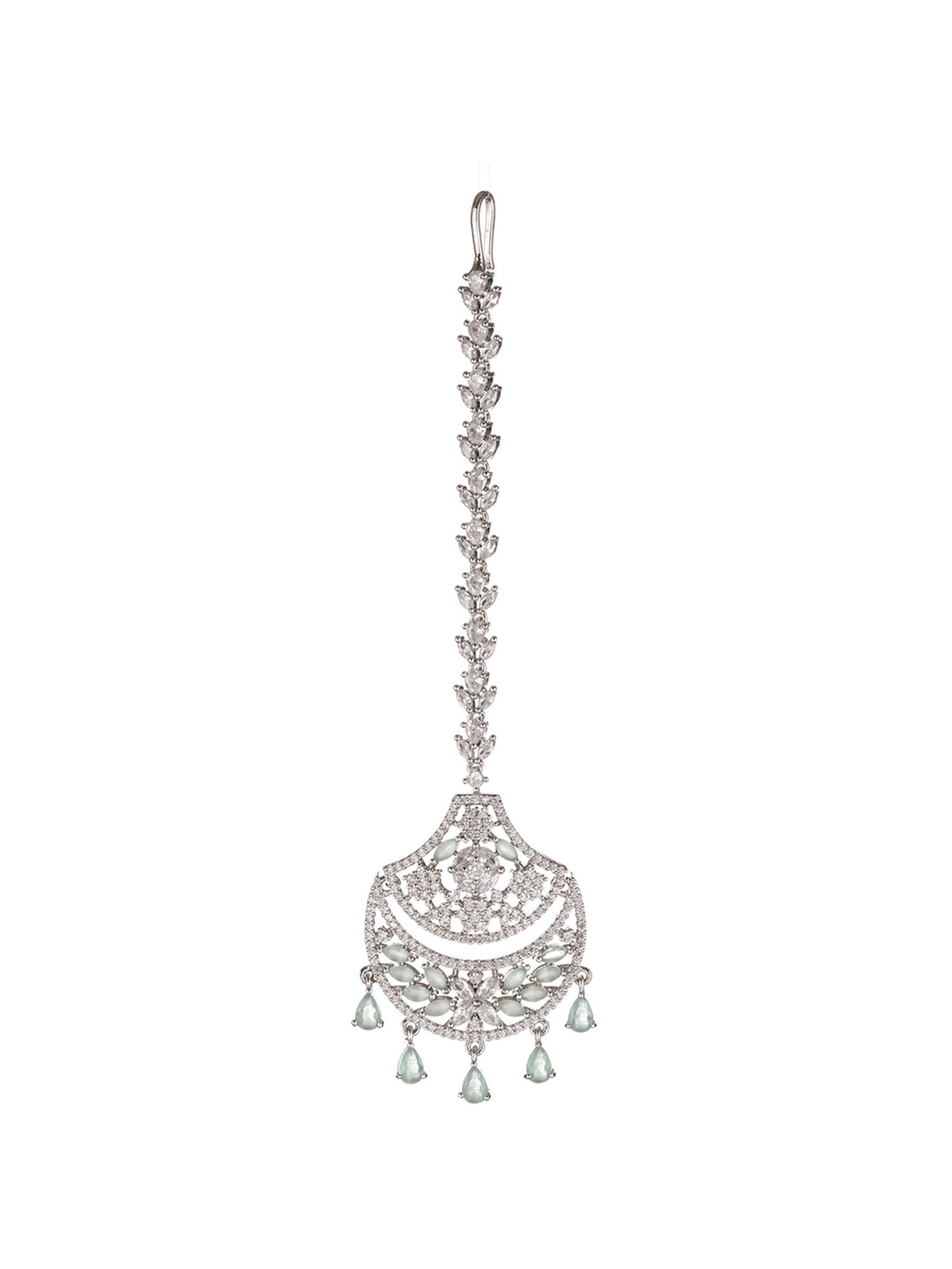 Priyaasi Mint Green Floral American Diamond Silver-Plated Maangtikka
