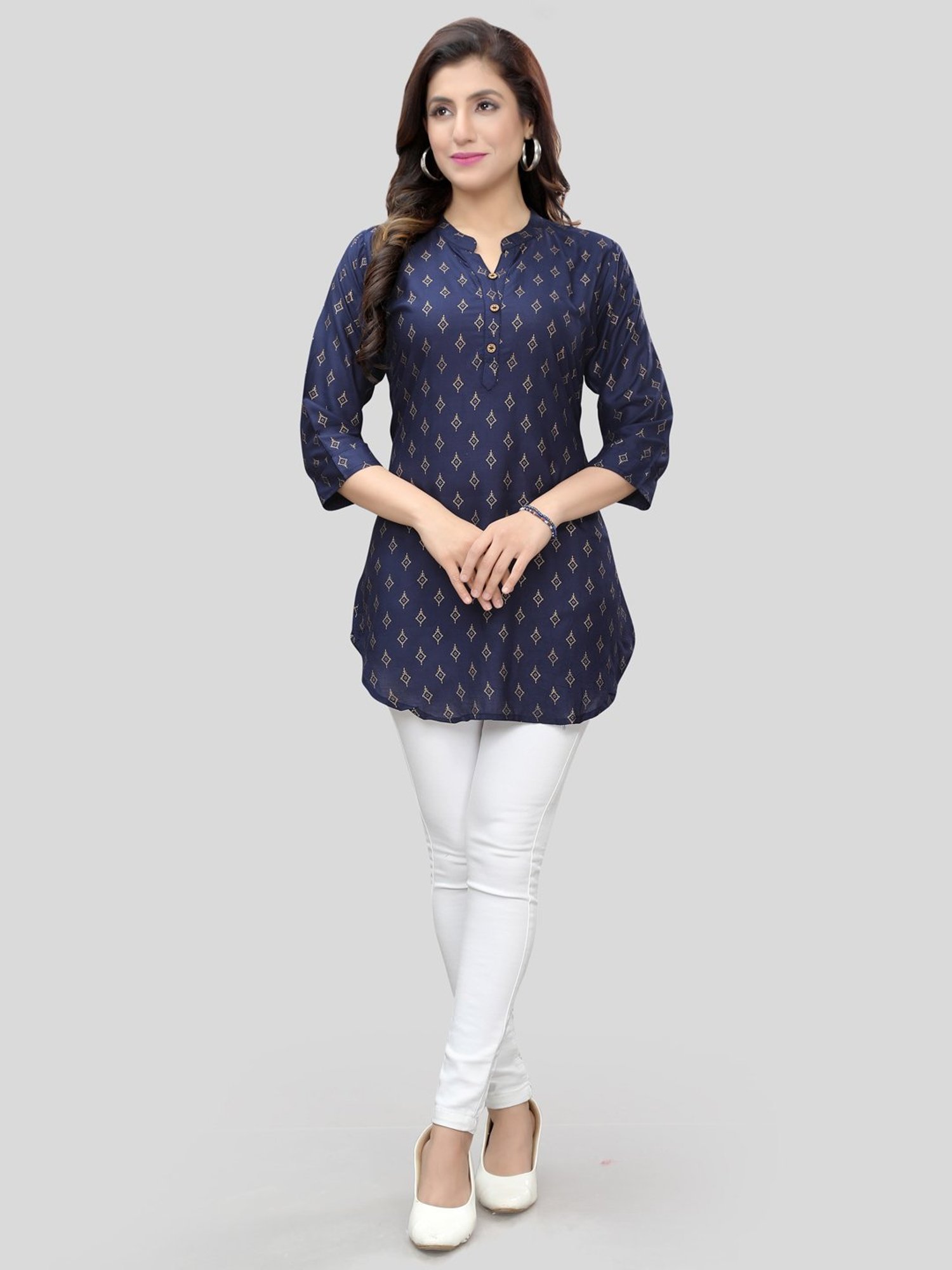 Saree Swarg Dark Blue Printed A Line Short Kurti