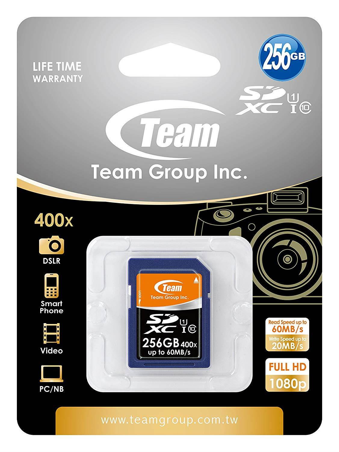 Team 256GB UHS-I SDXC CL10 Memory Card - Read Speed up to 60MB/sec