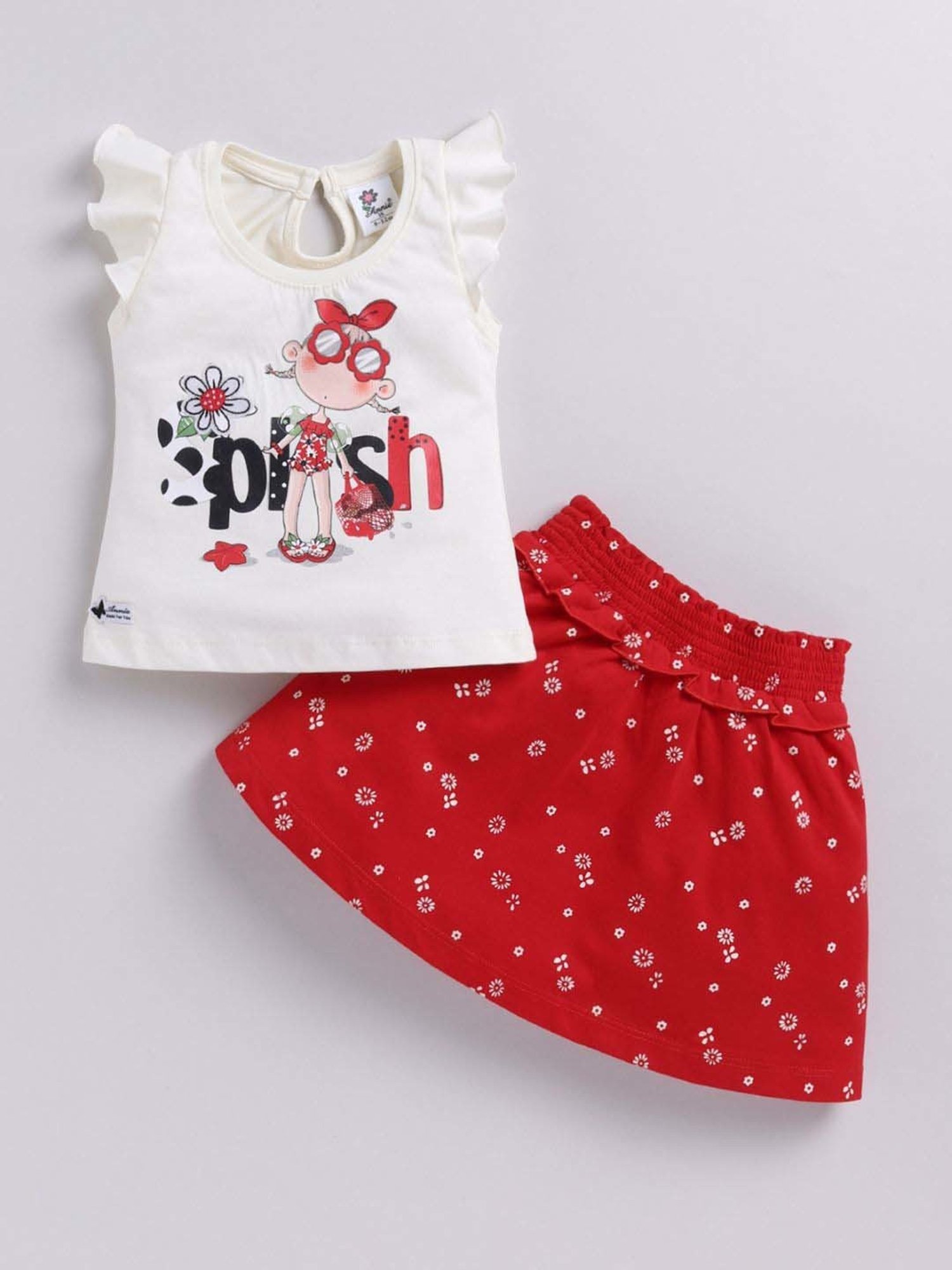 ANNIE Girls Red & White Cotton Printed Top & Skirt Set