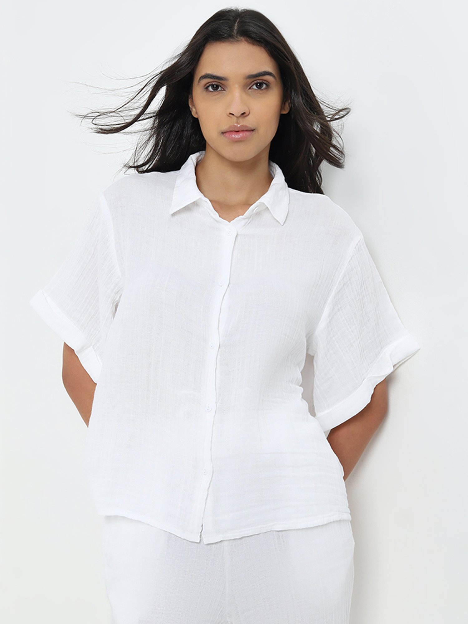 Wunderlove by Westside White Crinkled Cotton Beach Shirt