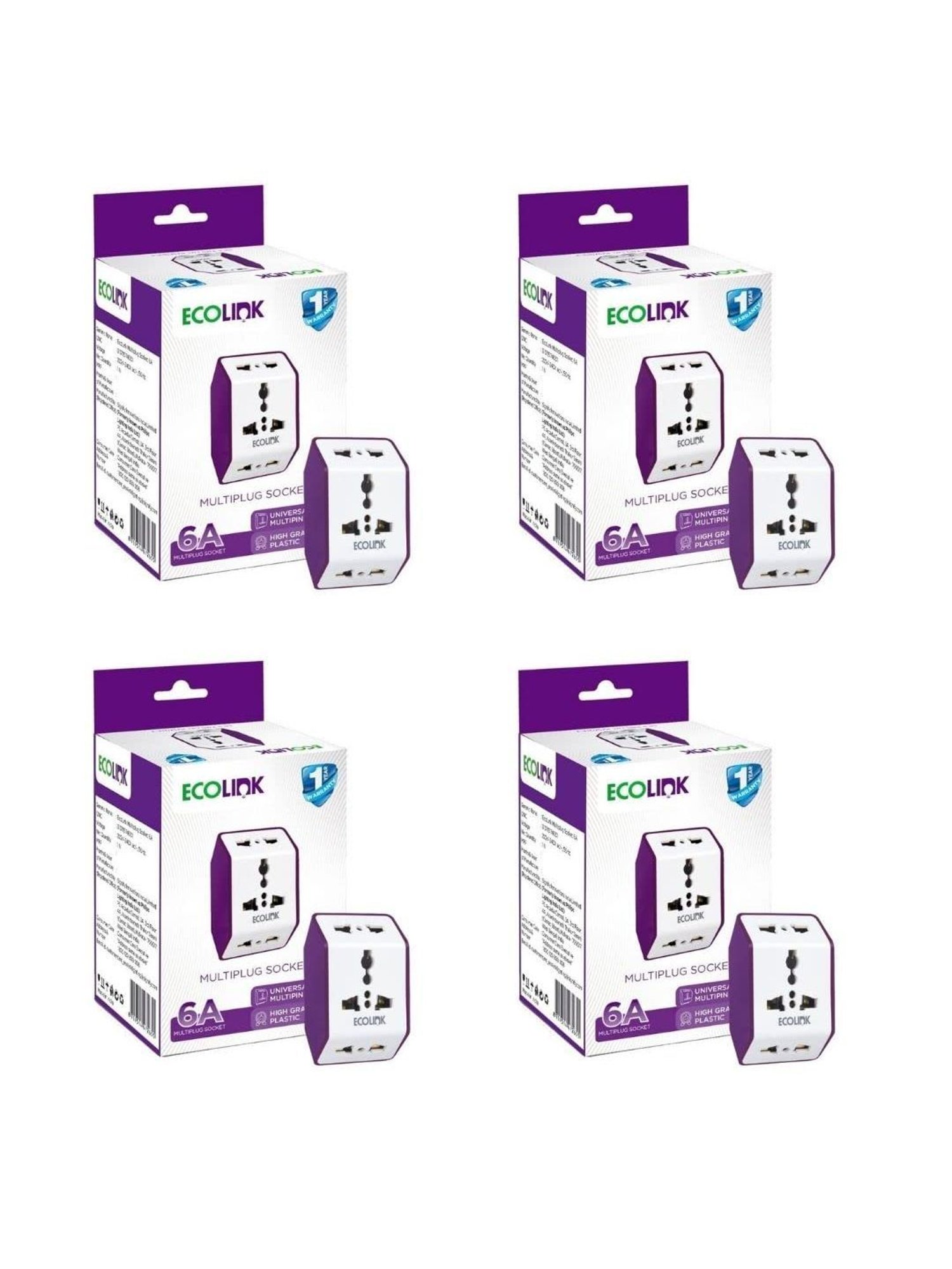 EcoLink Multiplug Socket 6A - Pack of 4 (White & Purple)