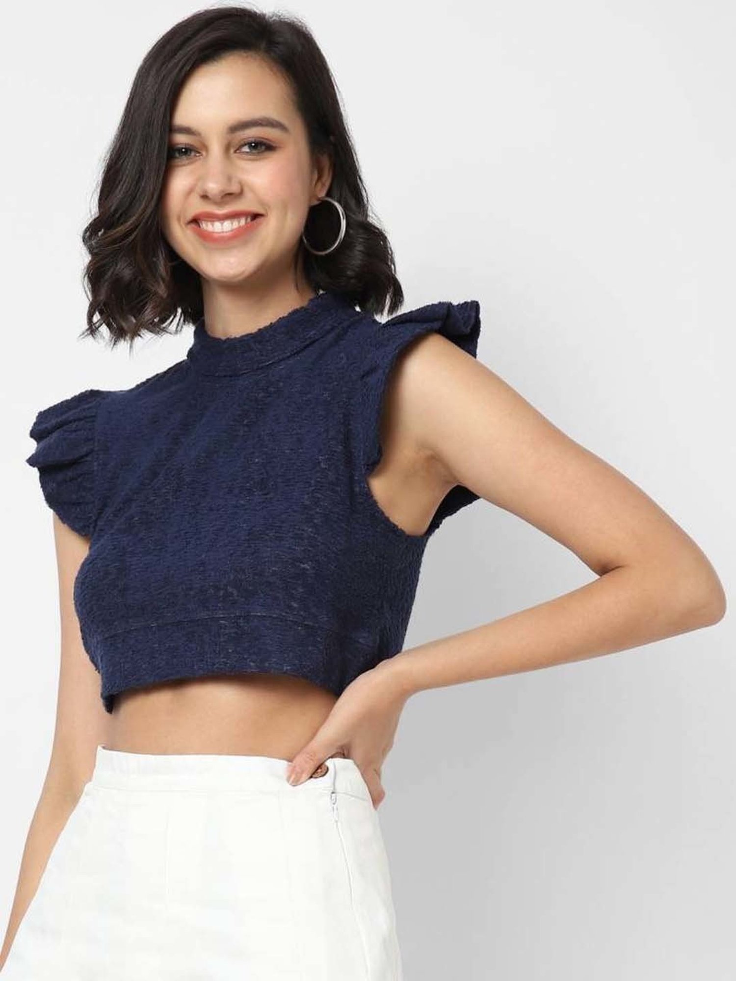 VASTRADO Navy Cap Sleeves Crop Top