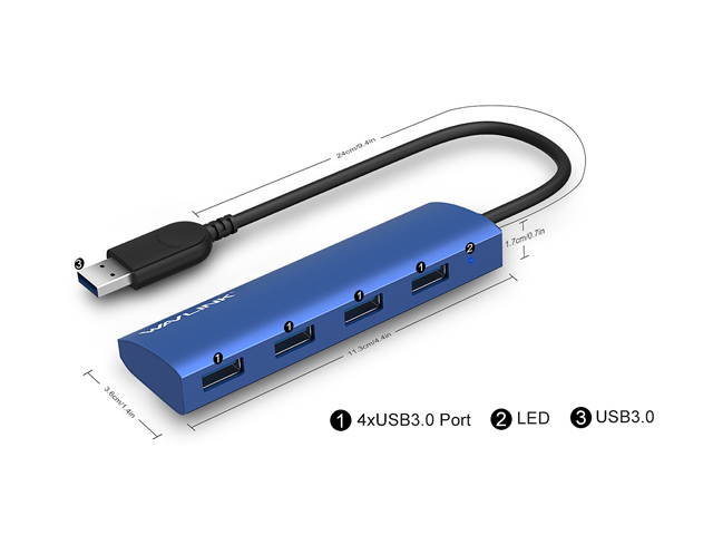 Wavlink 4-Port USB3.0 Hub, USB 3.0 Portable Aluminum Hub, USB Extension Multi-function Hot Swapping, plug and play, Built-in surge protectors, for Mac, MacBook, MacBook Pro/Air/Mini, or any PC - Blue