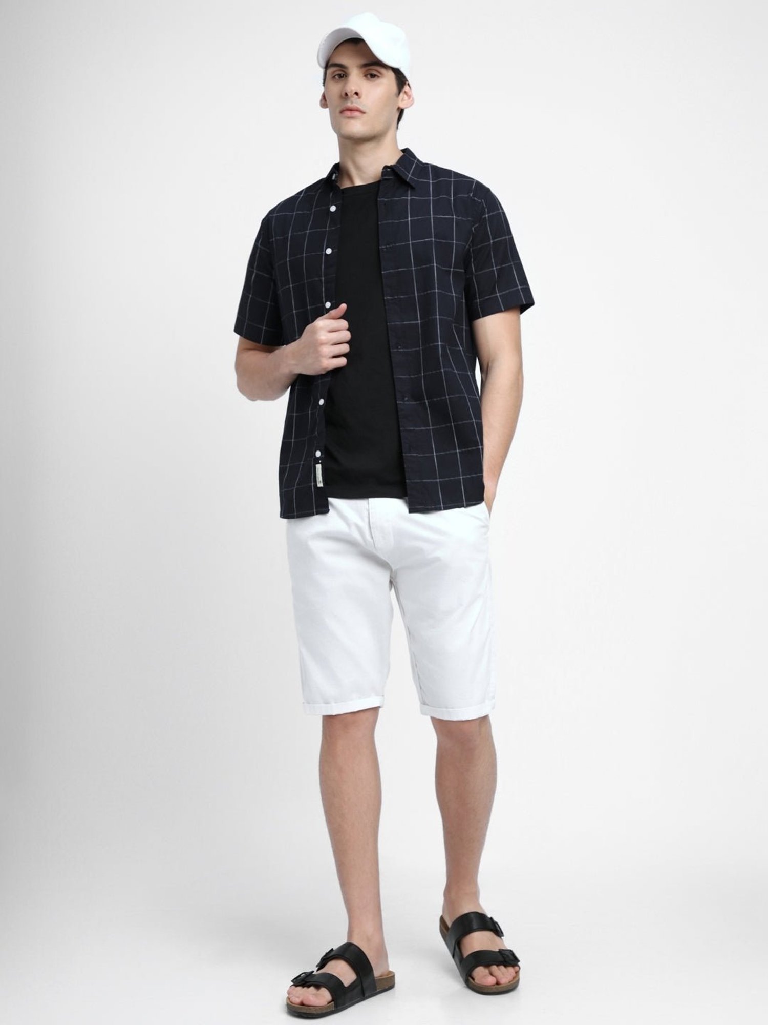 Dennis Lingo Navy Cotton Slim Fit Checks Shirt