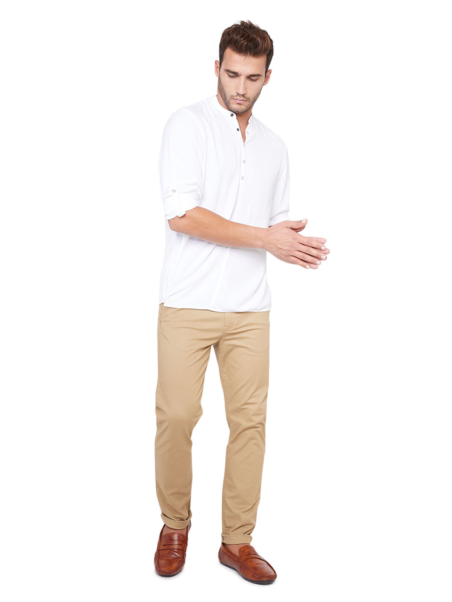 Identiti White Full Sleeves Solid Slim Fit Short Kurta