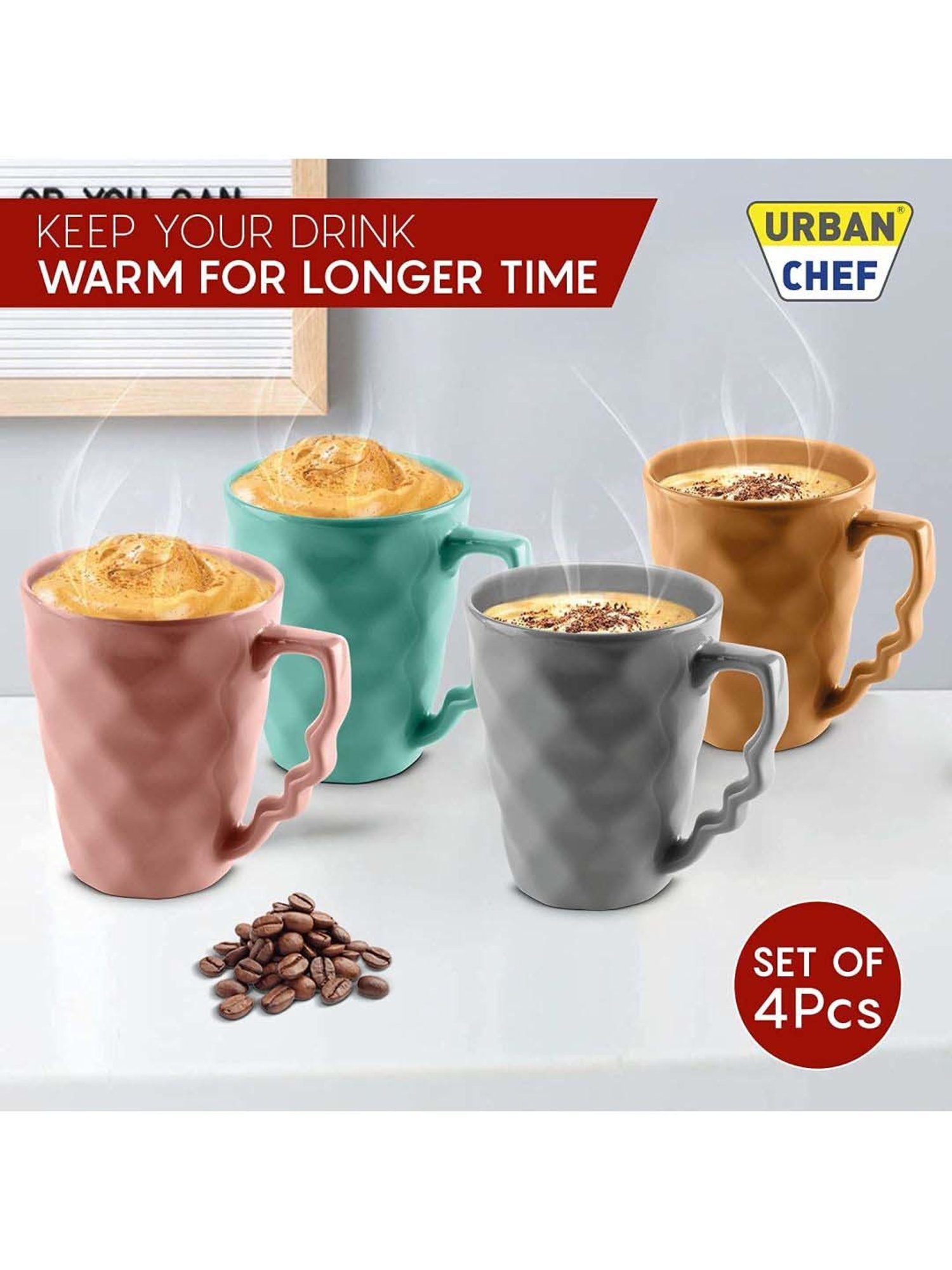 Urban Chef Multicolor Ceramic Microwave Safe Coffee Mug (0.225 L) - Set of 4