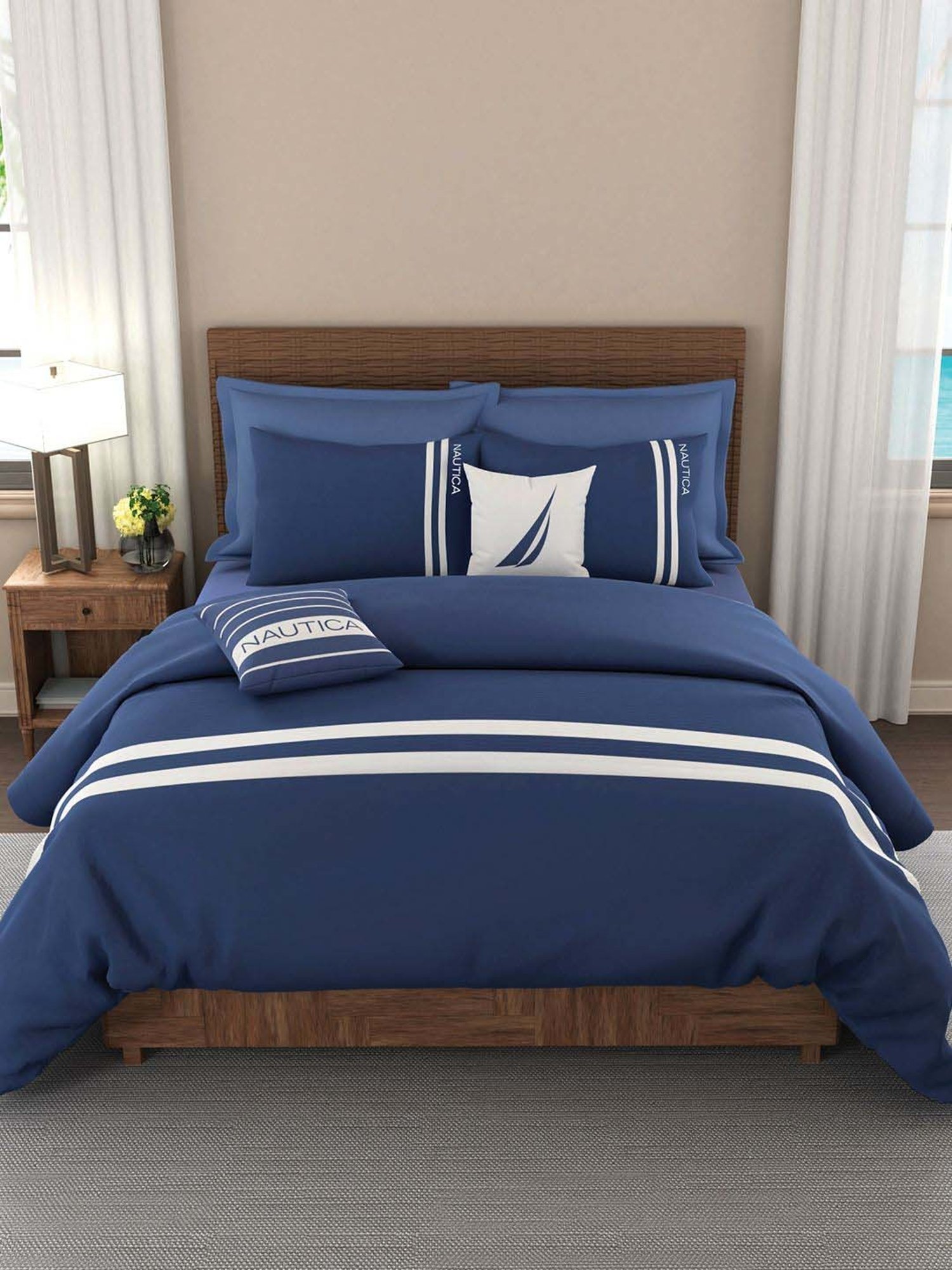 NAUTICA Coastal Stripes Navy & White Cotton Super King Size Bed Sheet With Pillow Covers