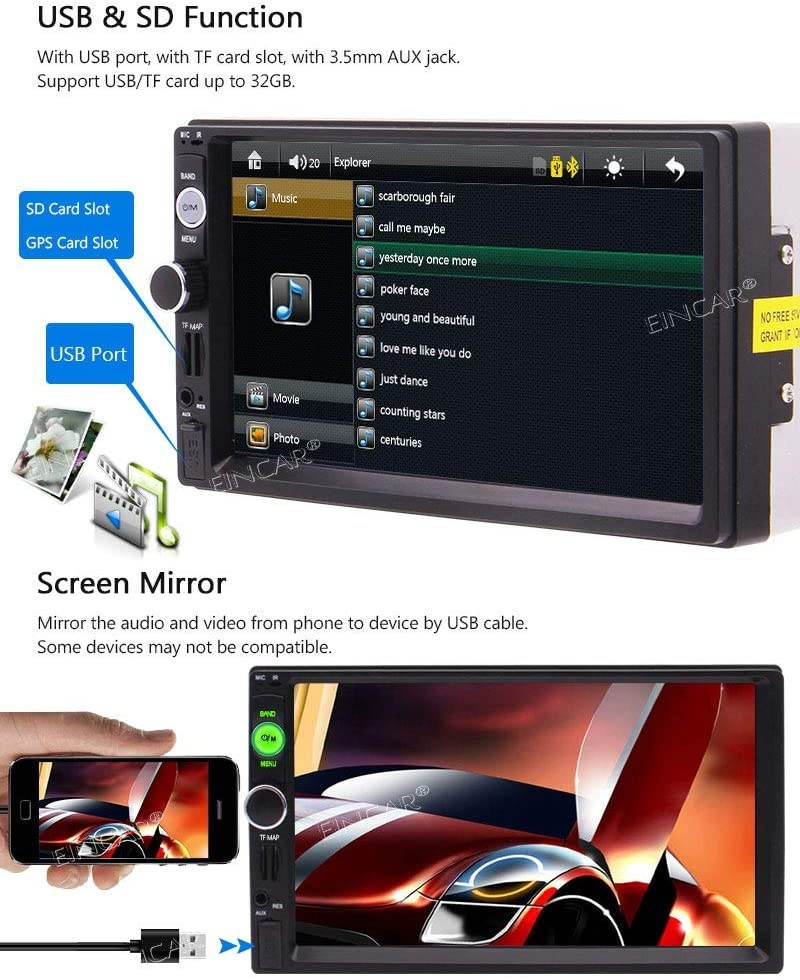 Eincar 7-inch in Dash Double DIN Car Player Auto Audio Stereo Capacitive Touch Screen with 8GB GPS Navigation Map Card Bluetooth Music Video from USB/SD FM Radio for Universal Remote Control Wireles