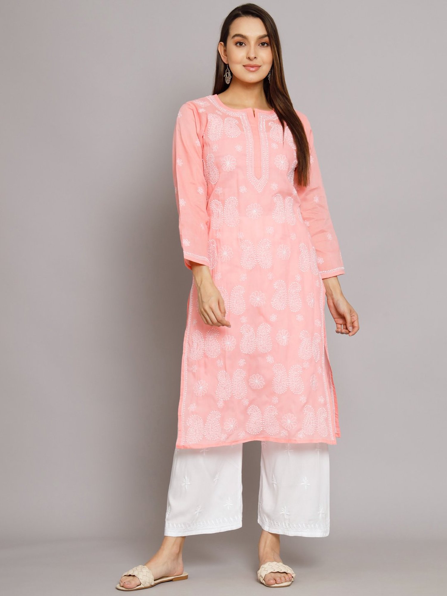 PARAMOUNT CHIKAN Pastel Pink Cotton Chikankari Straight Kurta