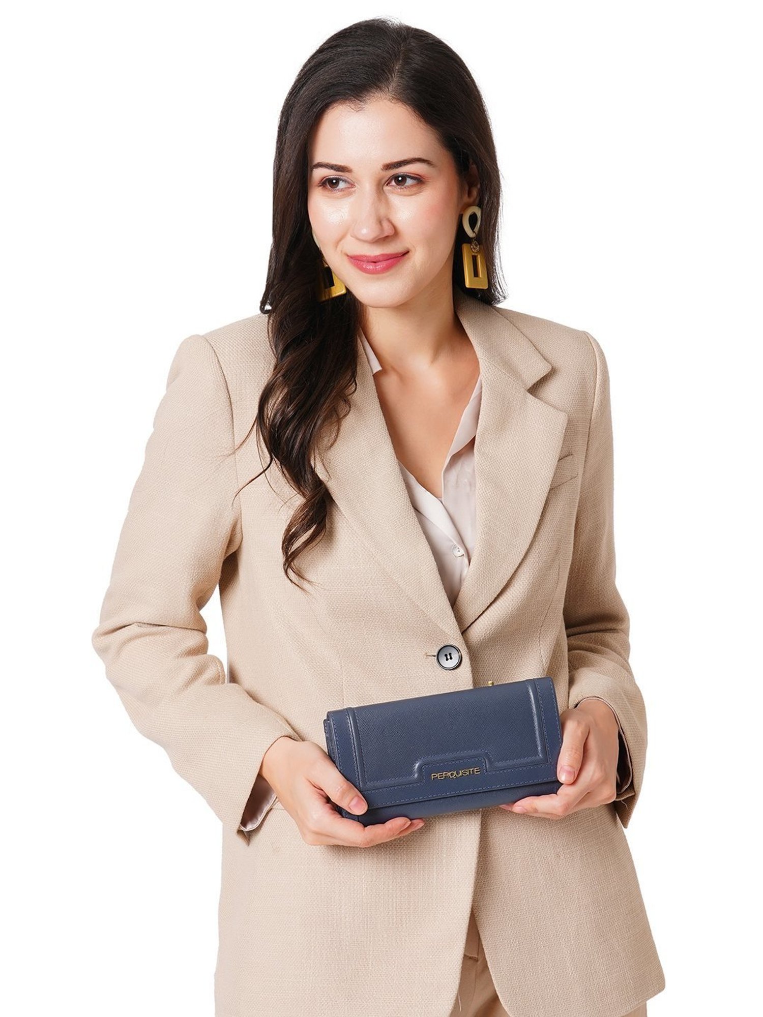 PERQUISITE LEONORA Navy Blue Textured Tri-Fold Wallet for women