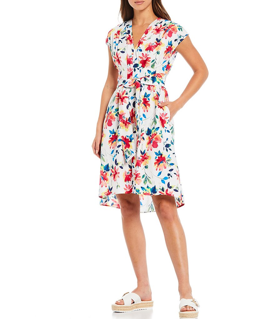 Kensie Floral Tie Waist Sleeveless V-Neck Cotton Dress