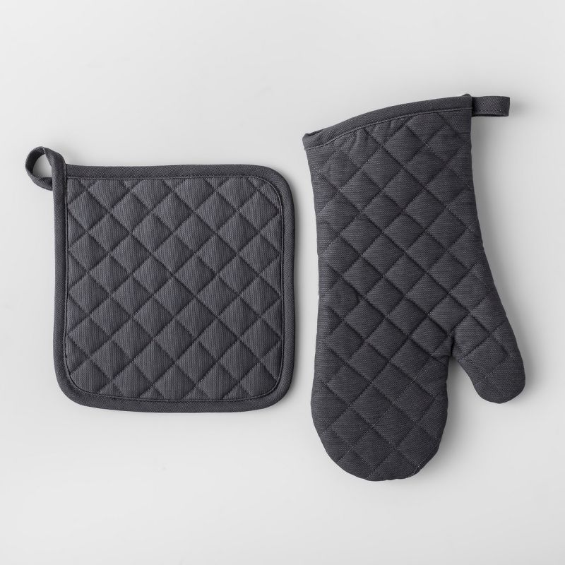 2pc Cotton Pot Holder and Oven Mitt Set Gray - Made By Design™