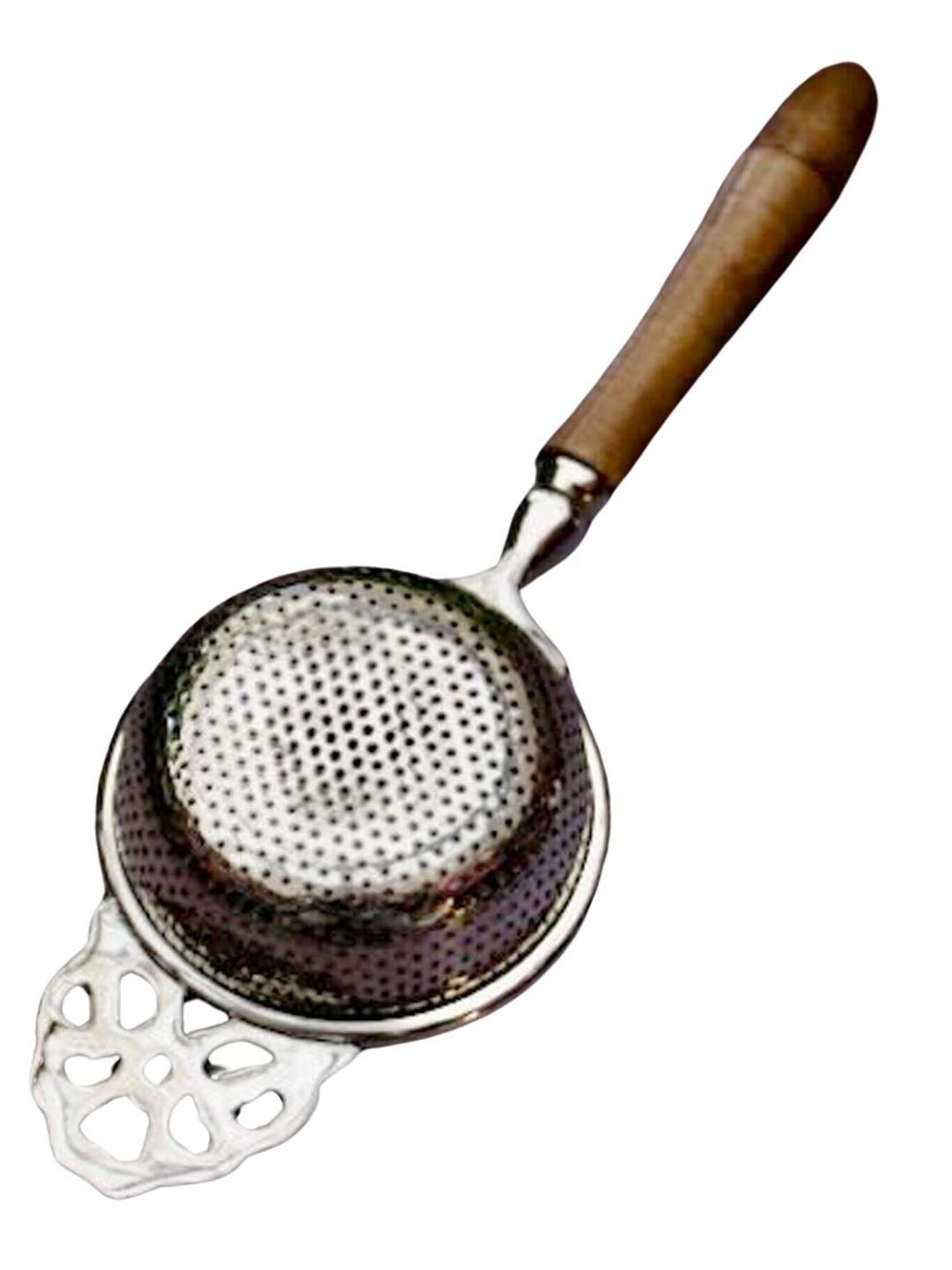 Ambi Pure Brass Punched Flower Medium Sized Tea Strainer - Steel Matte Finish With Wooden Handle