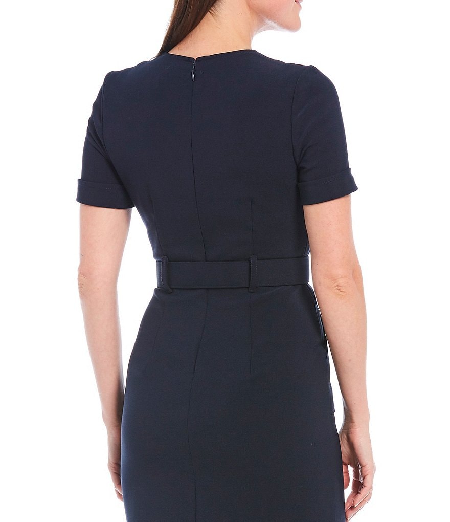Maggy London Petite Size V-Neck Utility Belted Crepe Sheath Dress