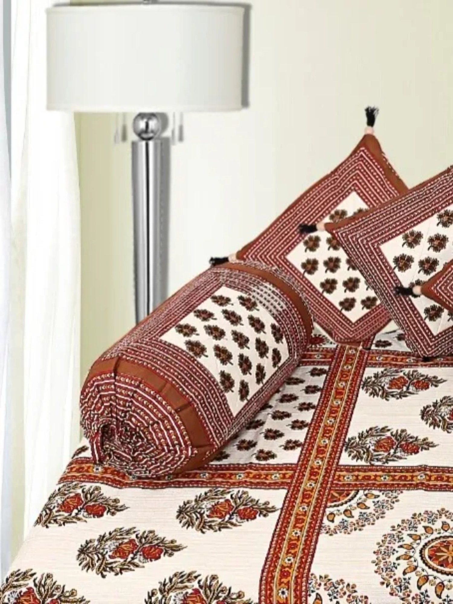 Living Roots Printed Grey 300 TC Cotton Single Diwan - Set of 8