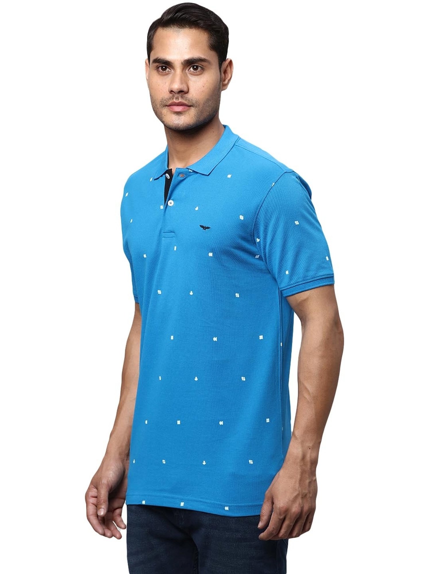 Park Avenue Blue Cotton Slim Fit Printed Polo T-Shirt