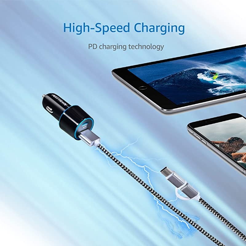 USB Car Charger  USB Car Quick Charger 30 with Charging Cable C Type Retractable 2 in 1 USB PD QC 30 car ChargerPower Delivery Dual USB Port Flush Mount Slim Fast Charge car Adapter