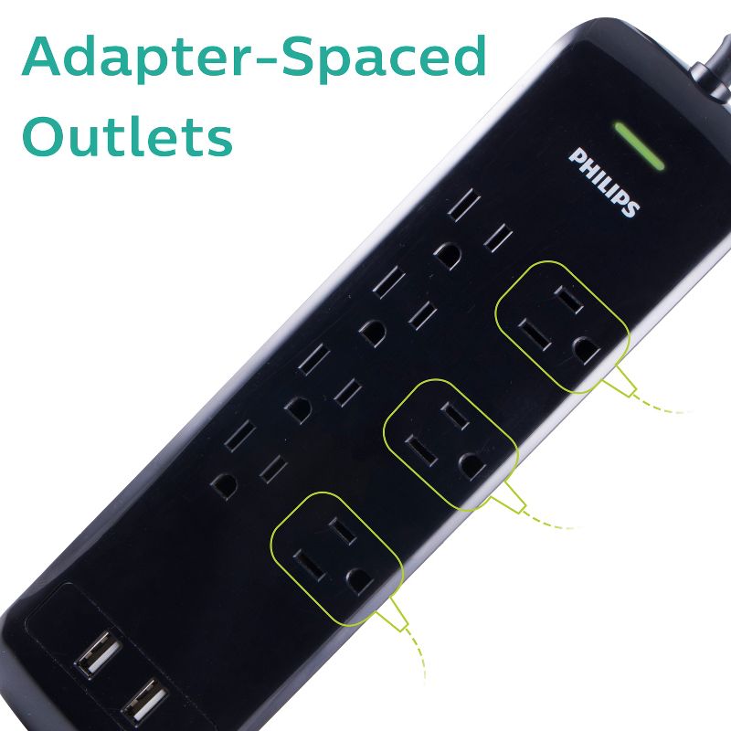 Philips 7-Outlet 2 USB Port Surge Protector with 4ft Extension Cord, Black