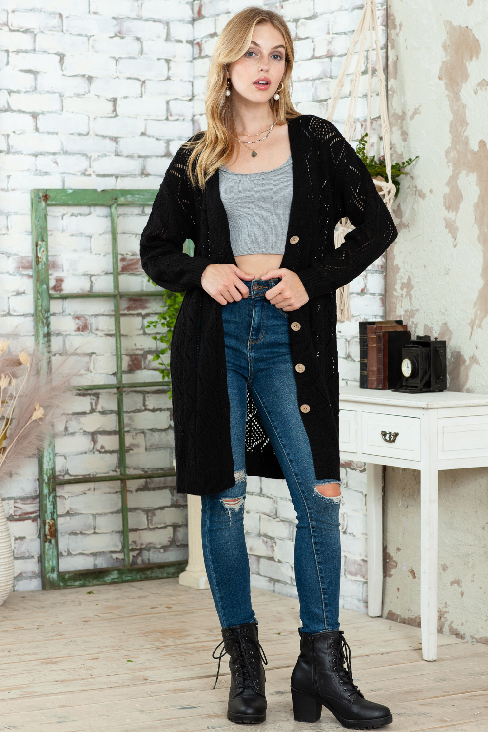 Black Button Up Hollow Out Loose Long Cardigan
