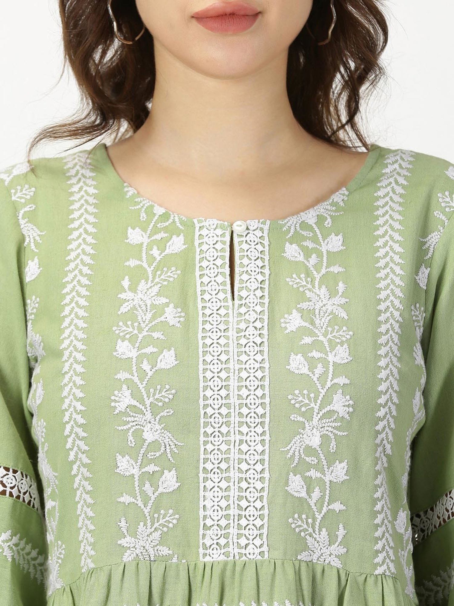 Saffron Threads Green Cotton Embroidered Ethnic Dress