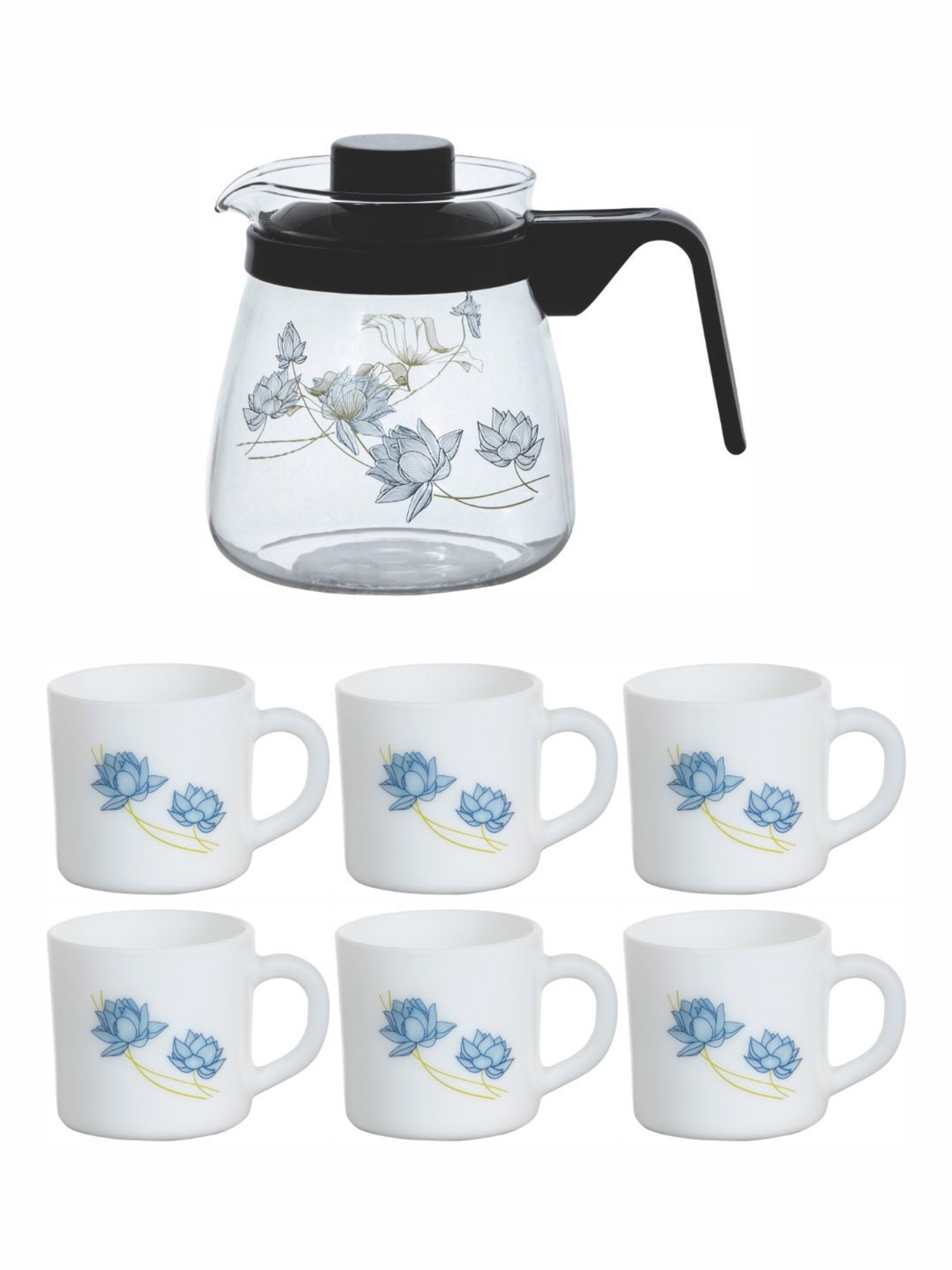 Cello Floral Multicolor Opalware Tea Set - Set of 6 Cups (180ml) & 1 Tea Pot (750ml)