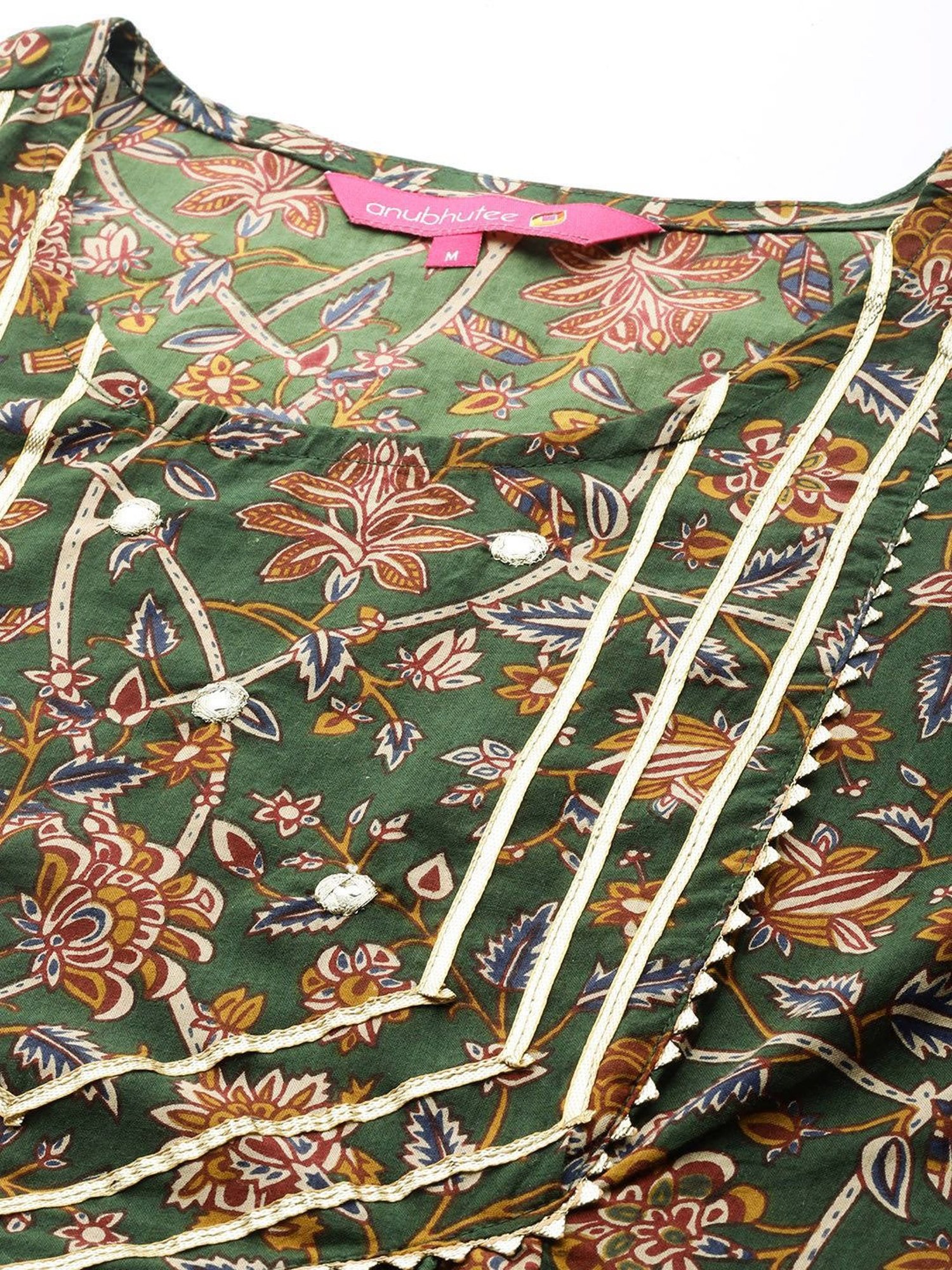 Anubhutee Green Cotton Floral Print Kurta Palazzo Set