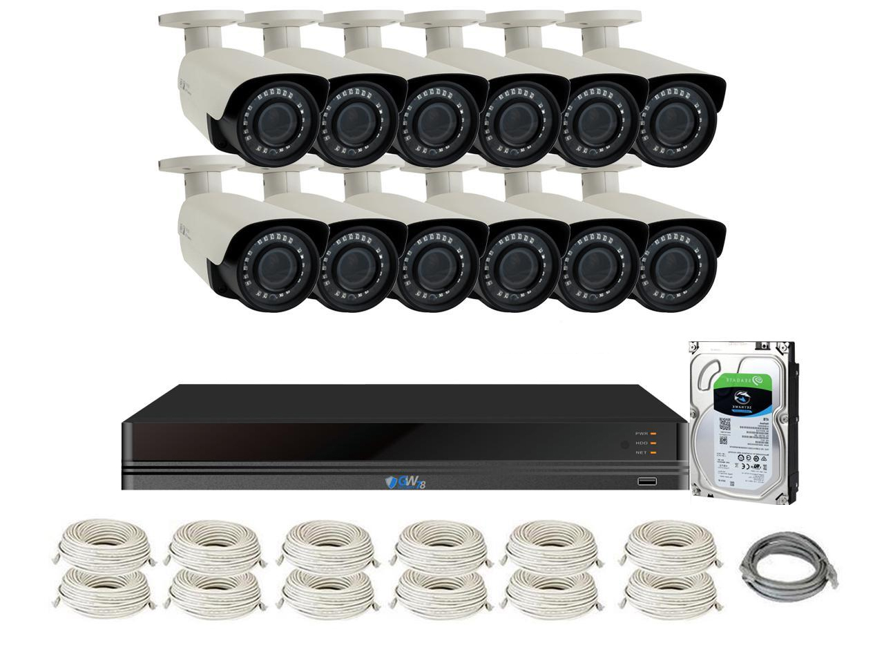 GW Security PoE 32CH H.265 NVR 4K 3840&times;2160 Security Camera System 32 Outdoor 8 Megapixels Motorized 2.8~12mm 4X Optical Zoom Lens Ethernet IP Security Bullet Cameras, Remote Home Monitoring (8TB HDD)