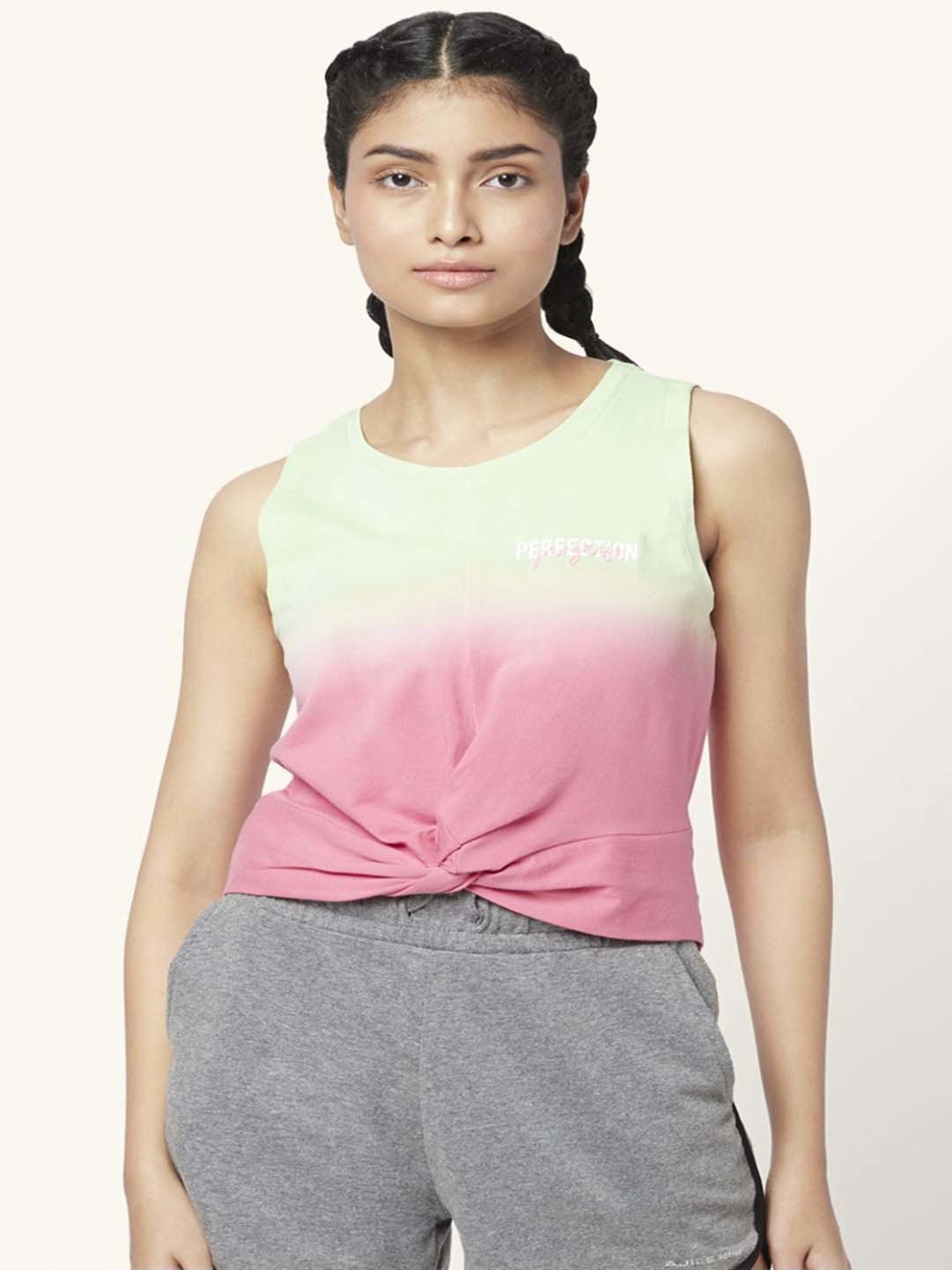 Ajile by Pantaloons Green & Pink Cotton Printed Sports Top