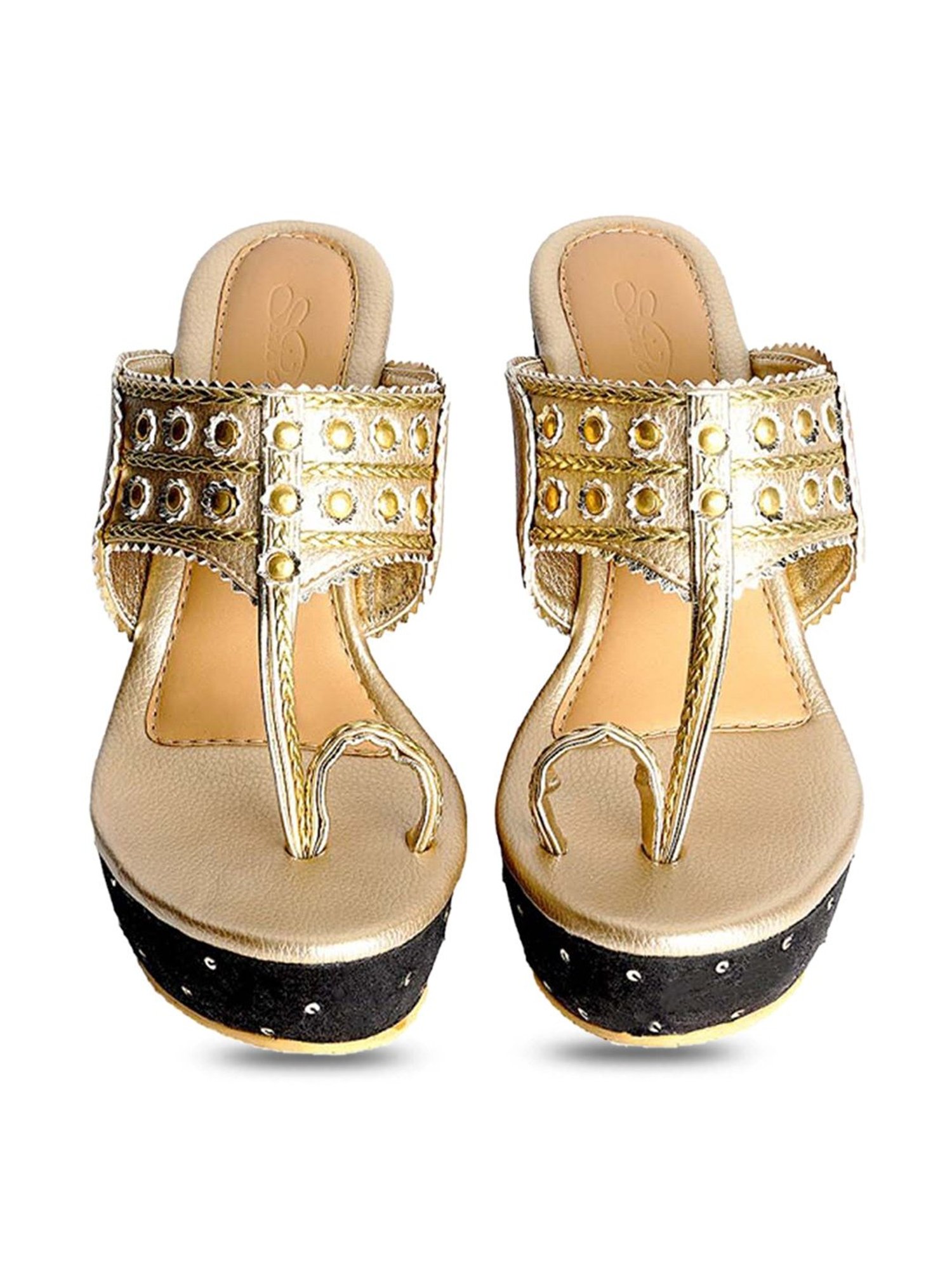 Sole House Women's Gold & Black Toe Ring Wedges
