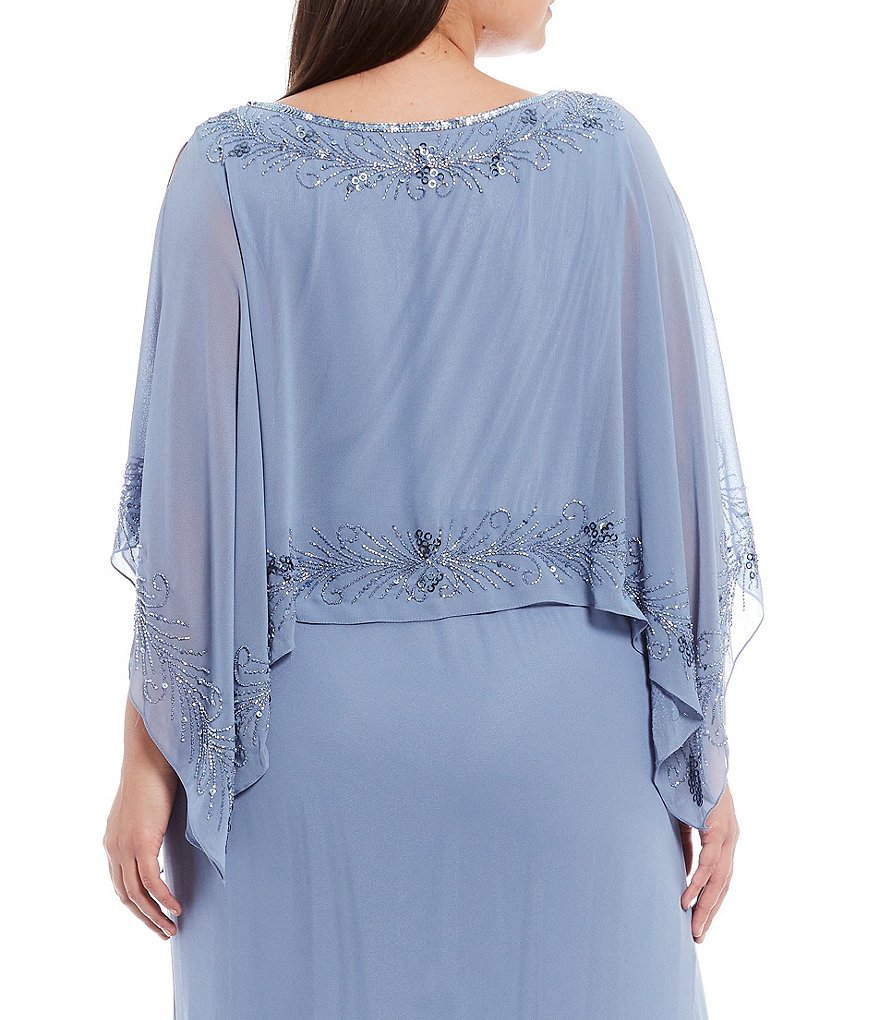 Jkara Plus Size Round Neck 3/4 Sleeve Beaded Trim Popover Chiffon Gown