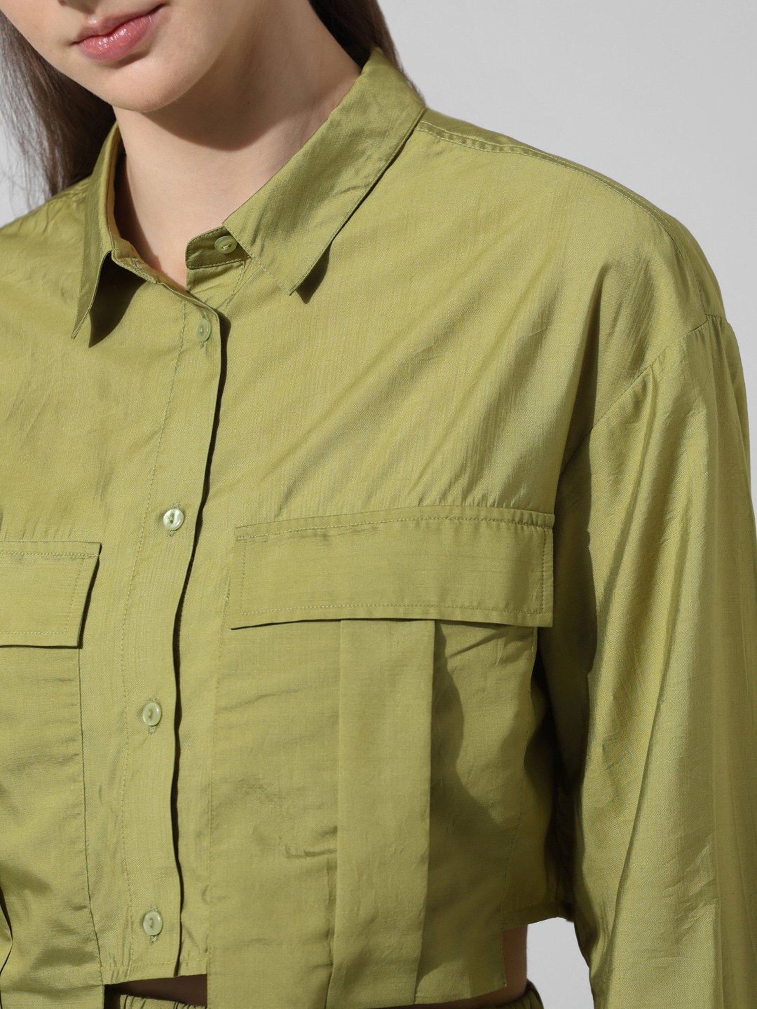 Only Green Viscose Relaxed Fit Crop Shirt